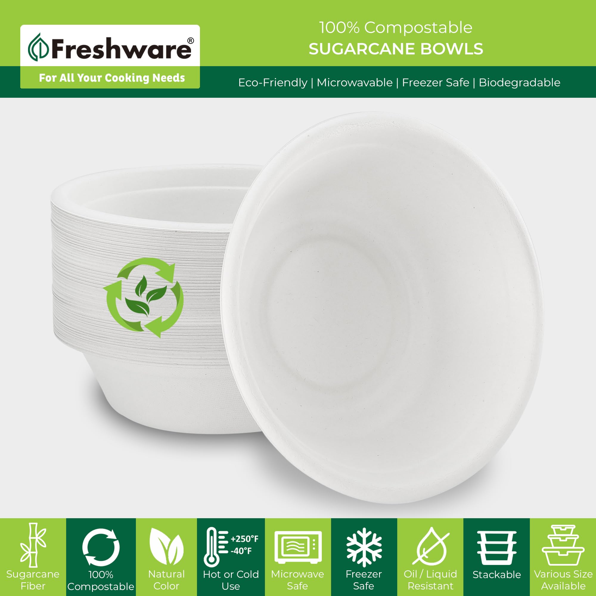 Freshware 32 oz Disposable Paper Bowls - 50-Pack Biodegradable Sugarcane Fiber Soup Bowls for Hot Food | Heavy Duty Bagasse Microwave & Freezer Safe Dinnerware | Perfect for Parties, Picnics, Takeout & Restaurant Use