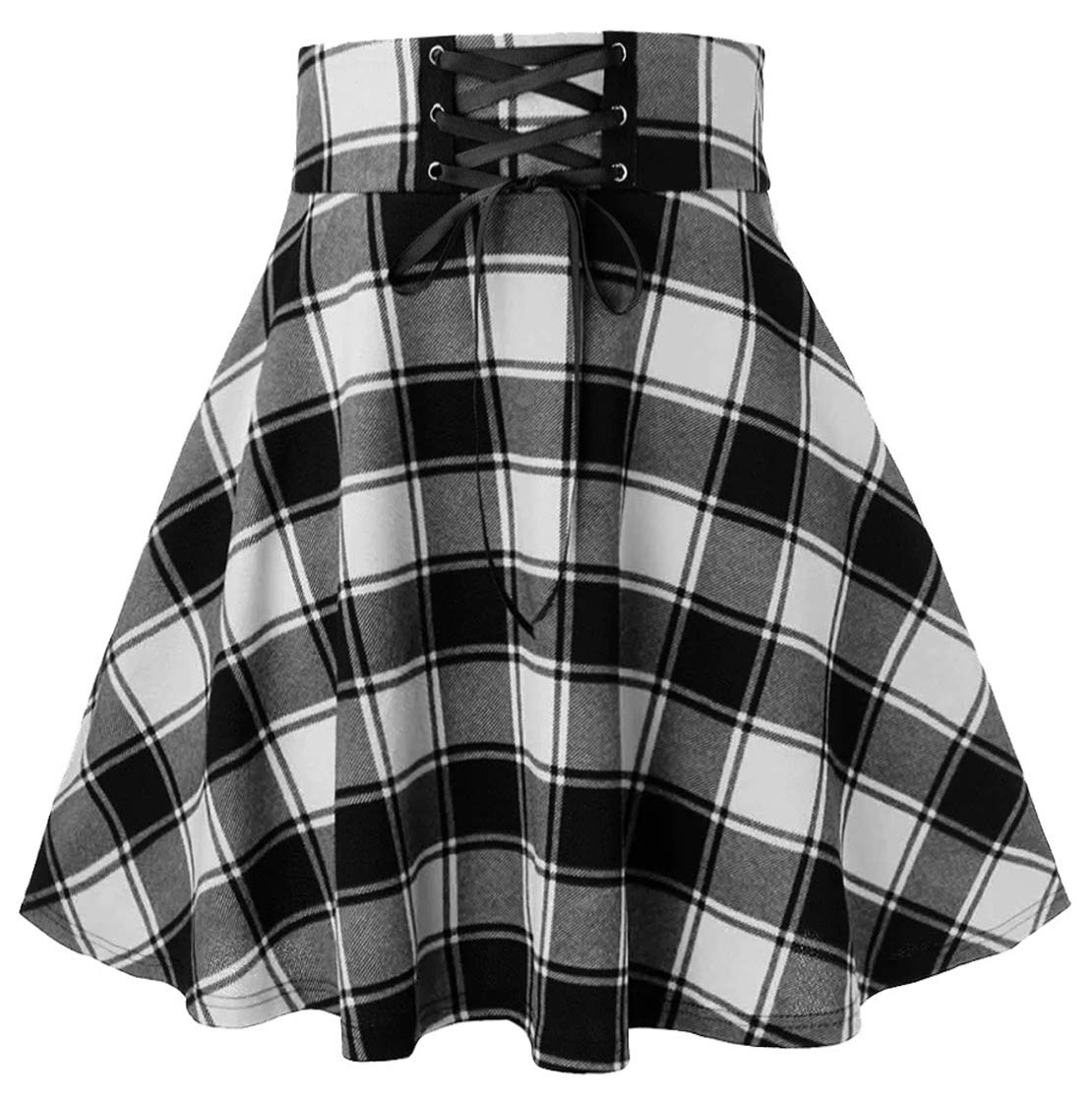 Loveimgs Women's Cute High Waist Flared Plaid Skater Skirt - Drawstring A-Line Swing Mini Skirt for Cheerleading, Dance & Casual Outfits