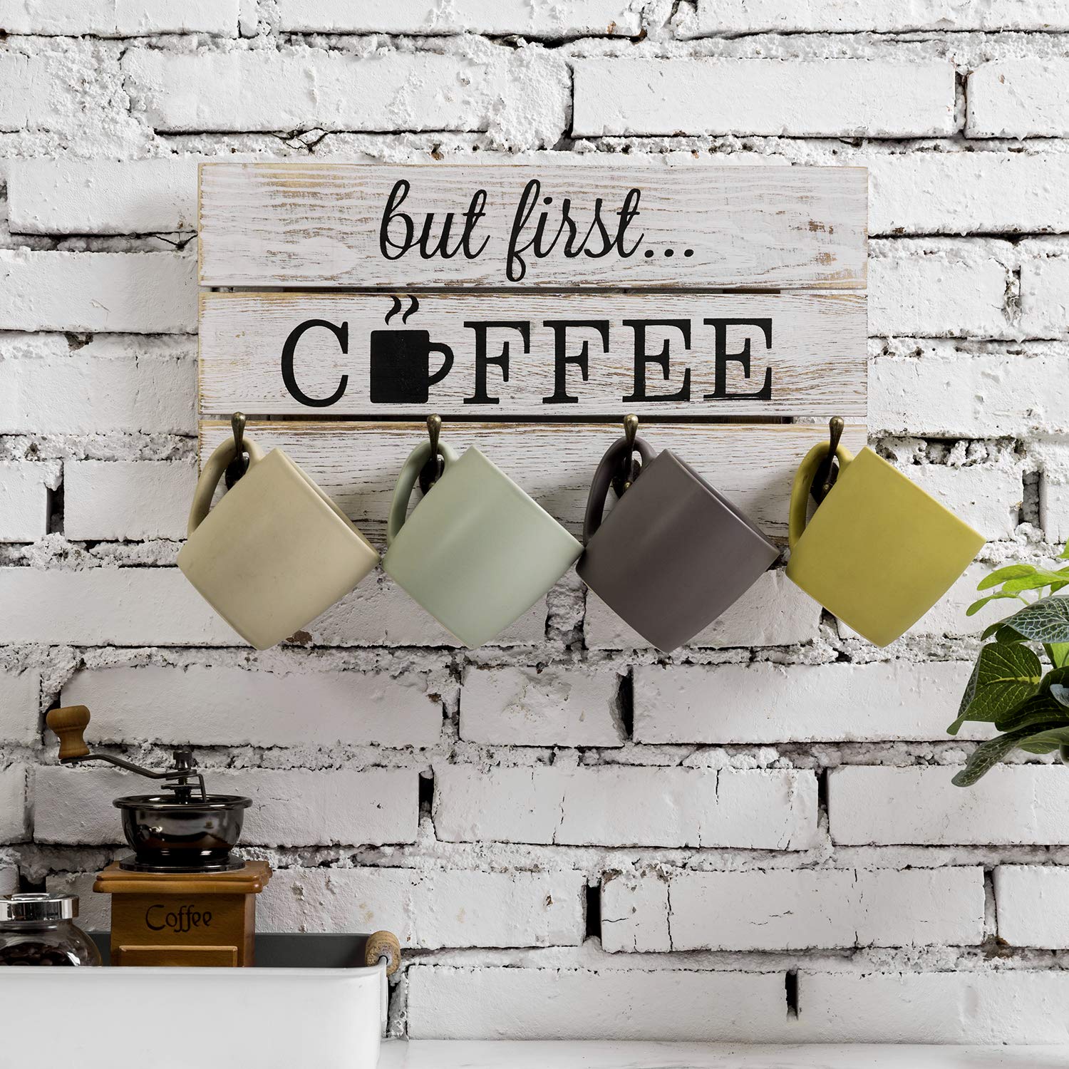MyGift 8-Hook Wall Mounted Mug Rack - Whitewashed Solid Wood Coffee Bar Organizer with 