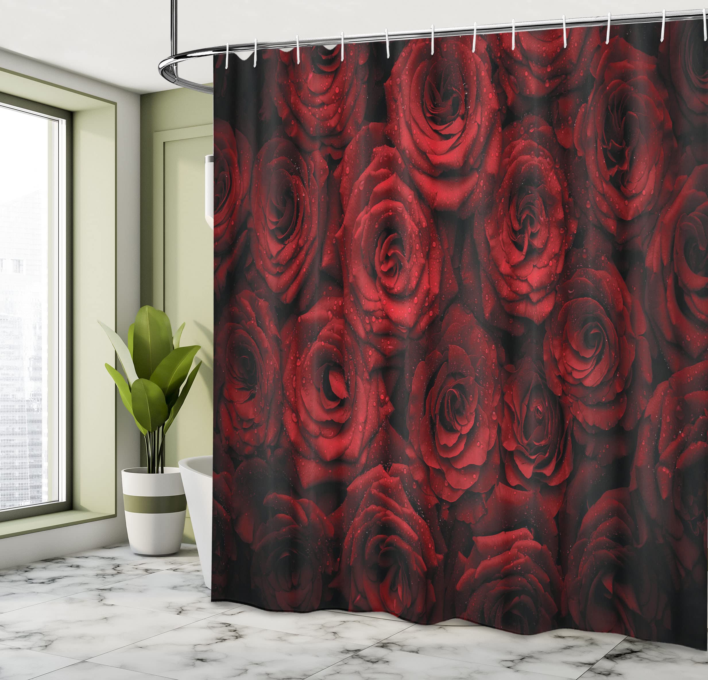 Ambesonne Romantic Roses Shower Curtain - Water Droplets Blooming Bouquet Love Passion Design, 69x70 Inch Black Red Fabric Bathroom Decor with Hooks | Perfect for Valentine's Day Gift, Couples Bathroom, and Luxury Home Spa Decor