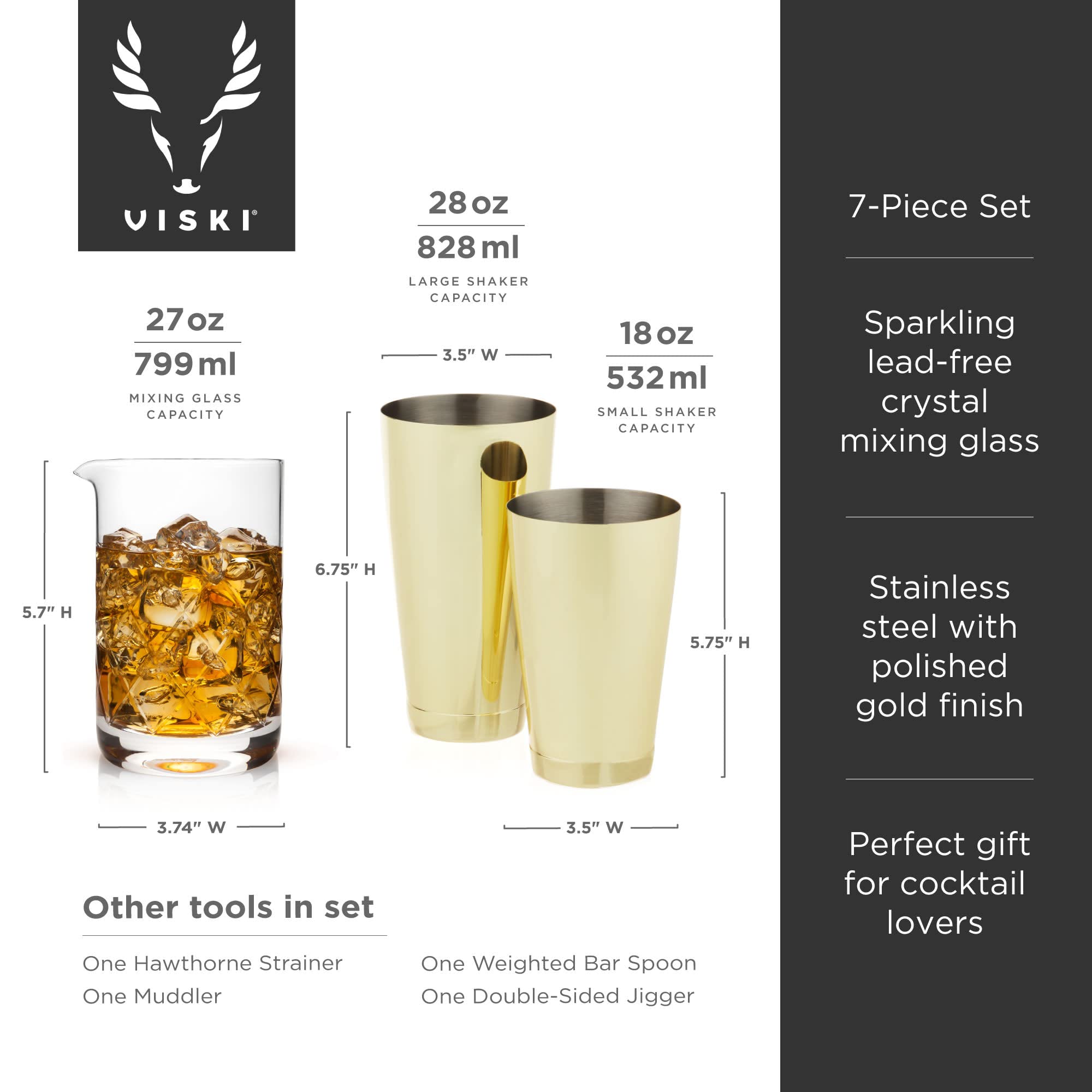 Premium Viski Gold Cocktail Shaker Set - 7-Piece Stainless Steel Bar Tools Kit with Mixing Glass, Bar Spoon & Bartender Accessories - Perfect for Home Bars, Parties & Professional Mixology