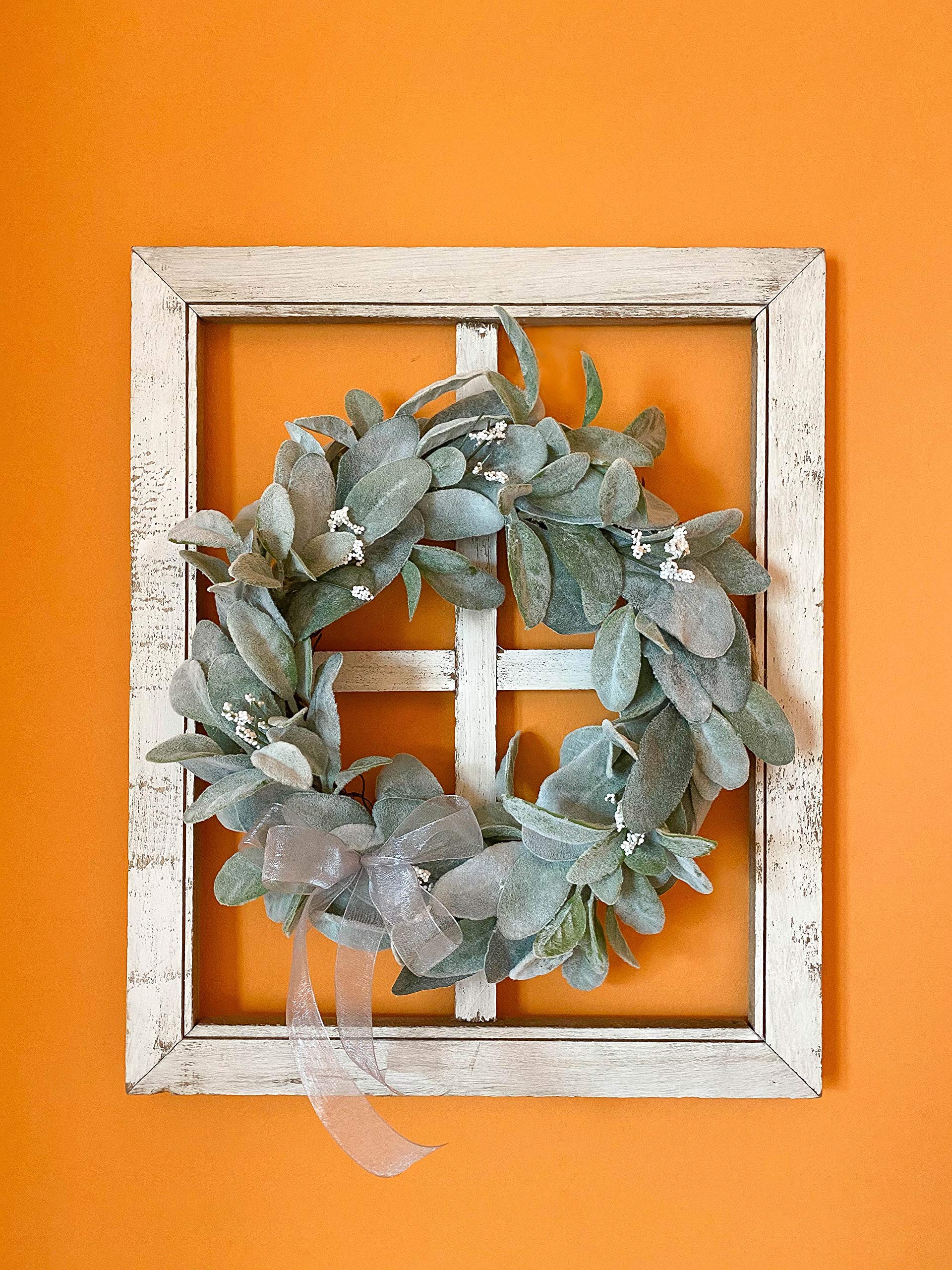 Farmhouse Rustic Window Frame with Lambs Ear Wreath - Decorative Wall Hanging for Home, Front Door, Living Room & Entryway Decor - Perfect for Spring, Summer, Fall & Winter Seasonal Decorations