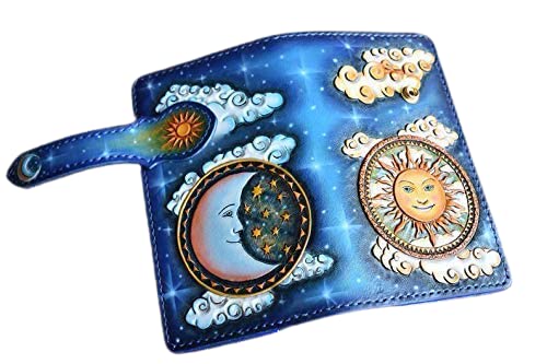 Handmade 3D Genuine Leather Biker Wallet for Men - Custom Engraved Sun Moon Galaxy Design - Personalized Long Leather Wallet for Daily Use & Gift Giving