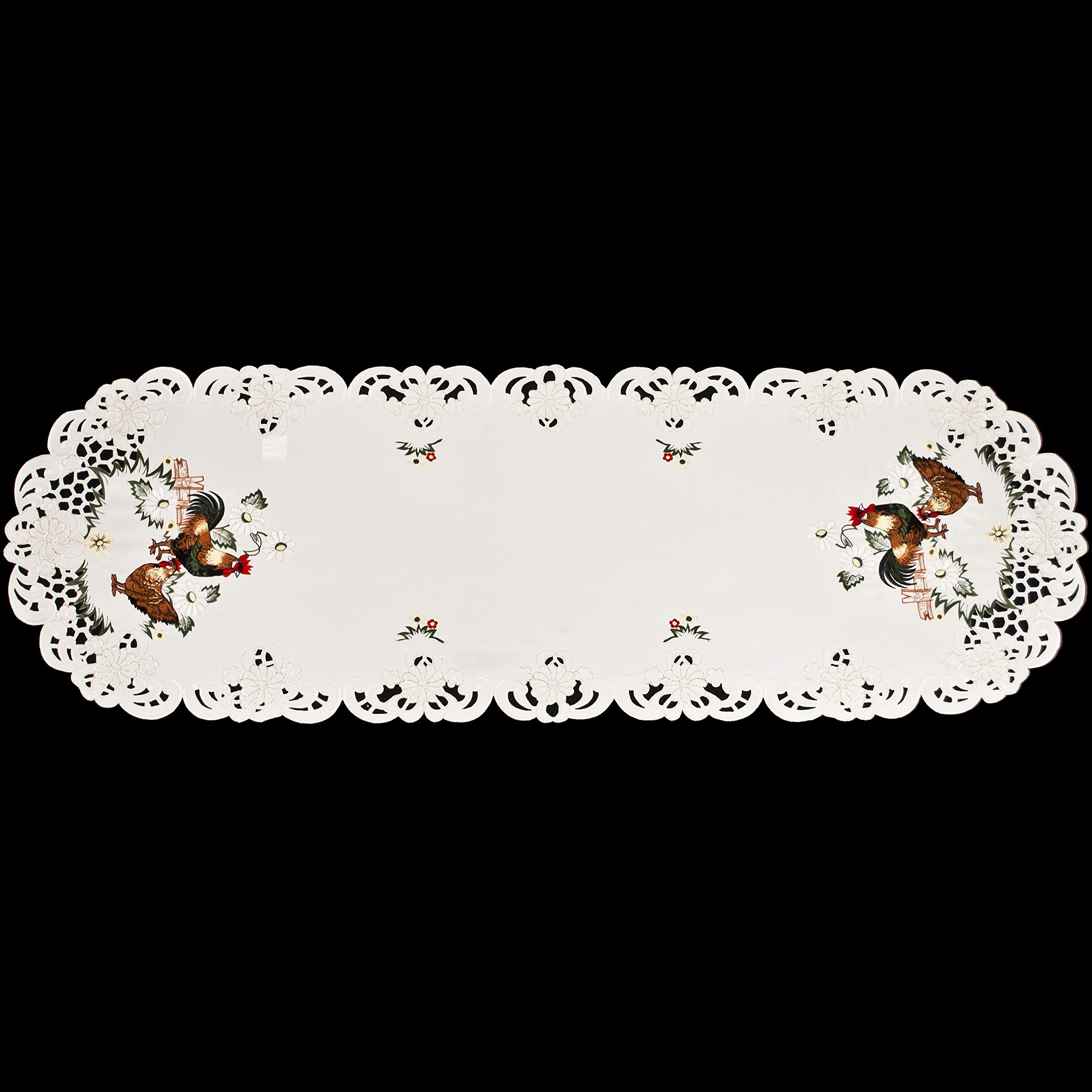 Embroidered Rooster Farmhouse Table Runner - Country Chic Lace Decor for Dining Table, Coffee Table or Dresser (15x54 Inches) - Perfect for Rustic Home Decor, Kitchen Decor and Farmhouse Style Weddings