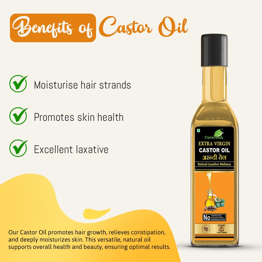 Organic CURA AYURVEDIC & UNANI Castor Oil (Arandi Oil) 200ml - Natural Laxative for Constipation Relief, Hair Growth & Body Massage | 100% Pure Cold-Pressed | For Digestive Health, Skin Care & Hair Treatment (Pack of 2 x 100ml)