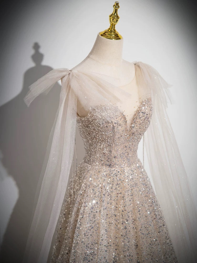 Elegant A-Line Scoop Neckline Champagne Sequin Tulle Long Prom Dress for Homecoming, Formal Dances & Special Occasions