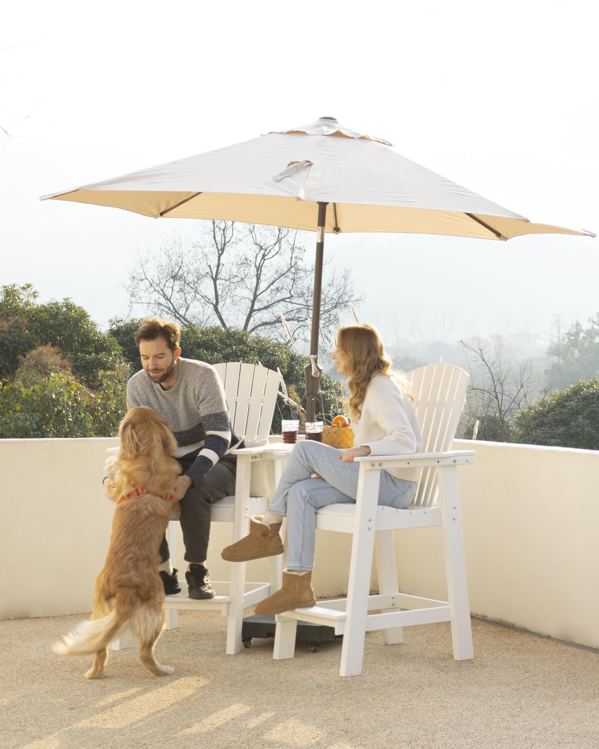 Premium Embossed Balcony Chair Set of 2 - Tall Adirondack Barstools with Connecting Tray, Outdoor Wood Grain White High Chairs - Perfect for Patio, Deck, Garden & Poolside Relaxation