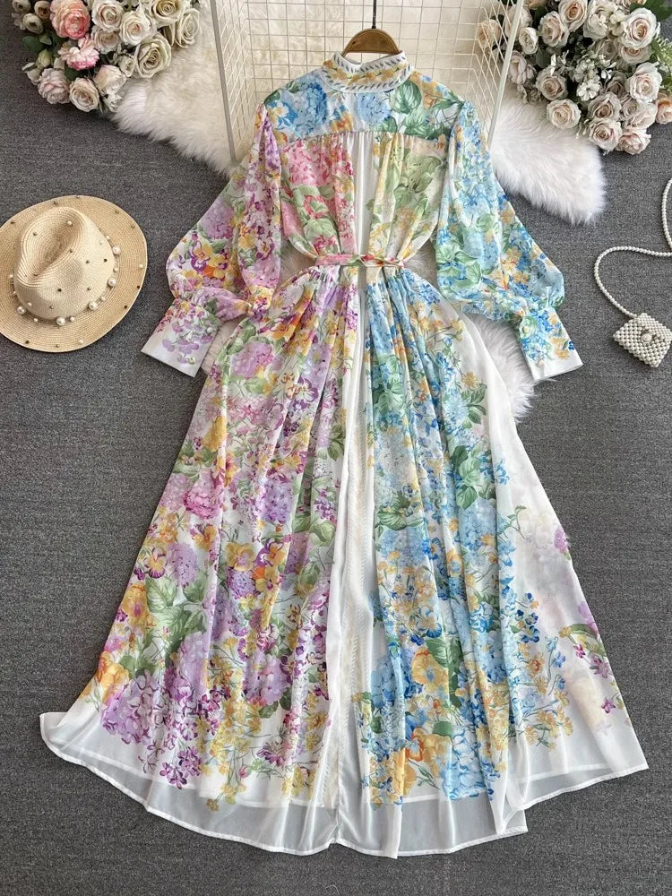 Bohemian Floral Maxi Dress for Women - Long Lantern Sleeve, Single Breasted, Lace-Up Boho Robe with Floral Print | Perfect for Beach Vacations, Summer Parties & Boho Fashion