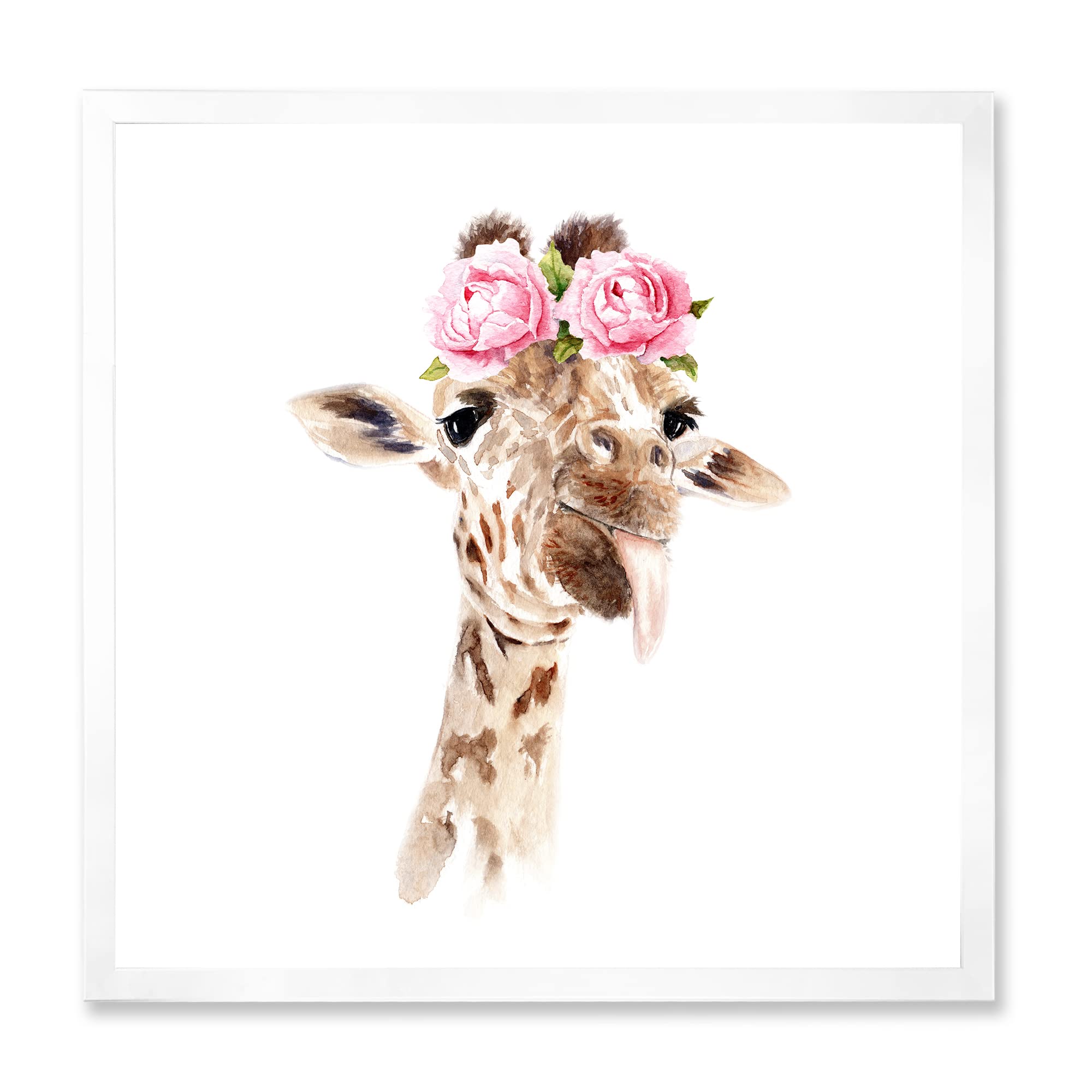 DesignQ Giraffe with Flowers Framed Wall Art - Farmhouse Decor for Living Room, Bedroom & Nursery