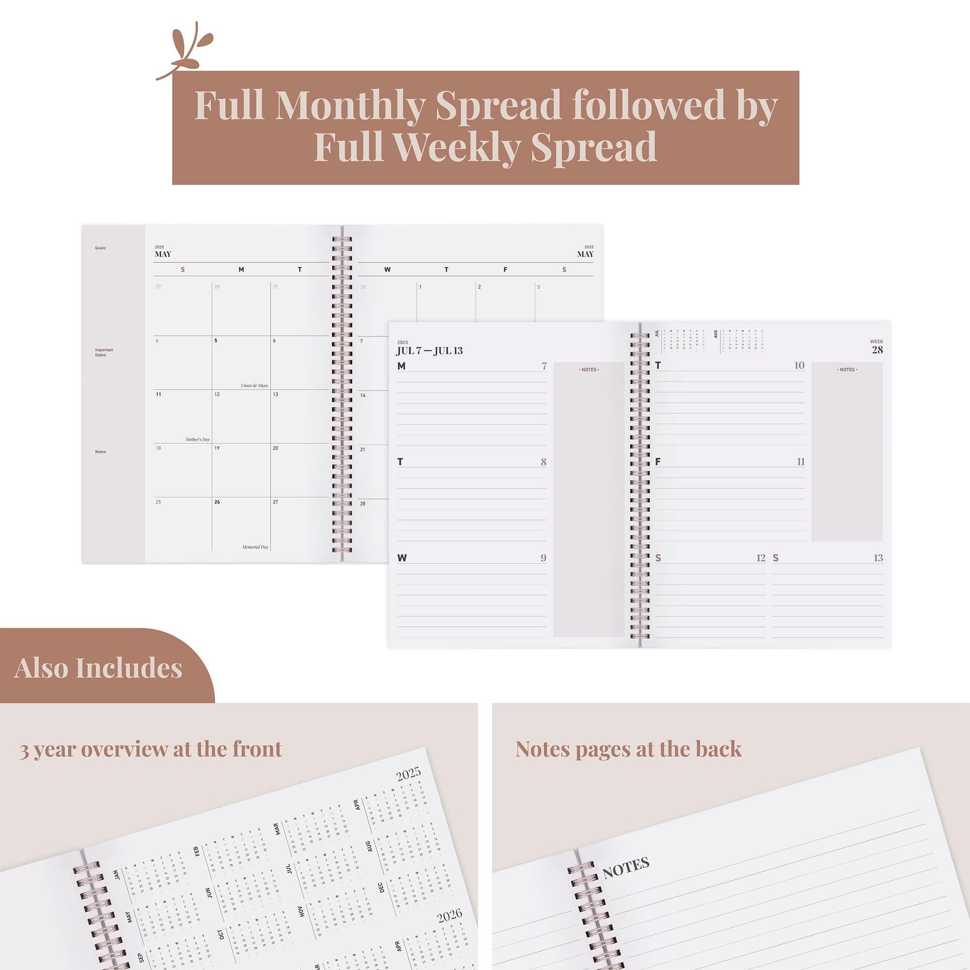Rileys 2025 Weekly Planner - 8.5 x 11 Inch Pink Typographic Annual & Monthly Agenda Organizer with Flexible Cover, Notes Pages & Twin-Wire Binding - Perfect for Office, School & Personal Productivity Planning