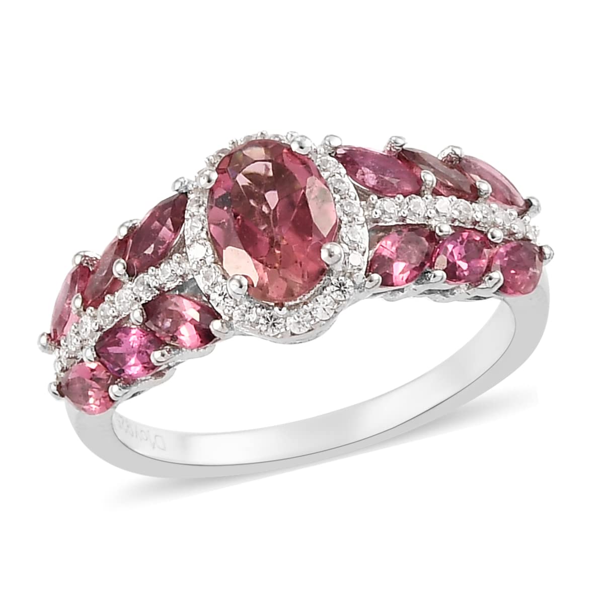 925 Sterling Silver Platinum Plated Rubellite & White Zircon Halo Ring for Women - Size 10 (1.6 Ct) | Elegant Wedding, Anniversary, Engagement & Graduation Gift | Perfect for Bridal Jewelry, Promise Rings & Special Occasions