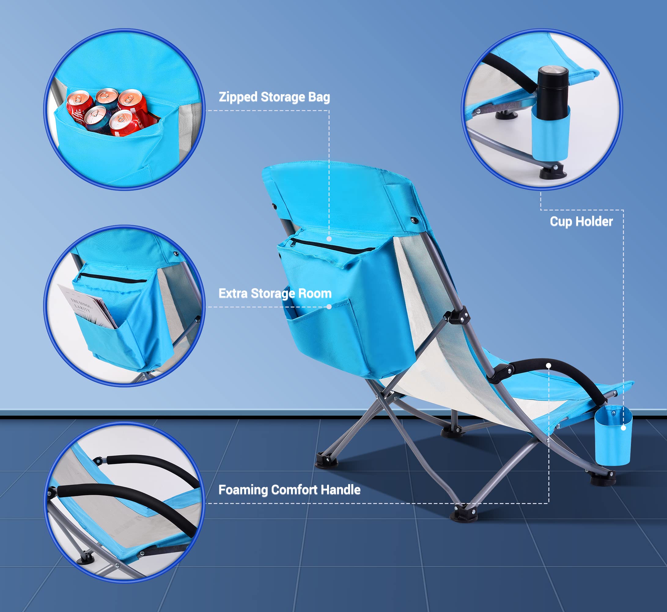 2 Pack Low Beach Chair & High Back Cooler Chair Set - Portable Folding Chairs for Beach, Pool, Camping, Picnics & Outdoor Relaxation