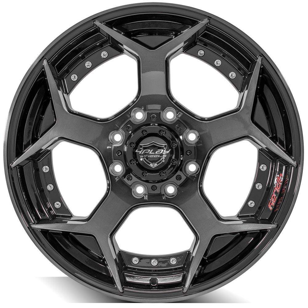 4Play Gen2 4P50 Gloss Black Wheels with Brushed Face & Tinted Clear Finish - 22x10.0 Size, 8x180mm Bolt Pattern, 124.1mm Offset - Perfect for Trucks, SUVs, and Custom Car Builds