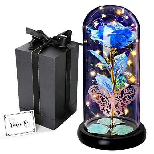Eternal Rose in Glass Dome - Galaxy Blue Rose Gift for Women, Beauty and The Beast Inspired, Light Up Rose with Butterfly for Mother's Day, Birthday, Christmas, Wedding & Valentine's Day - Perfect Romantic Home Decor & Special Occasion Gift
