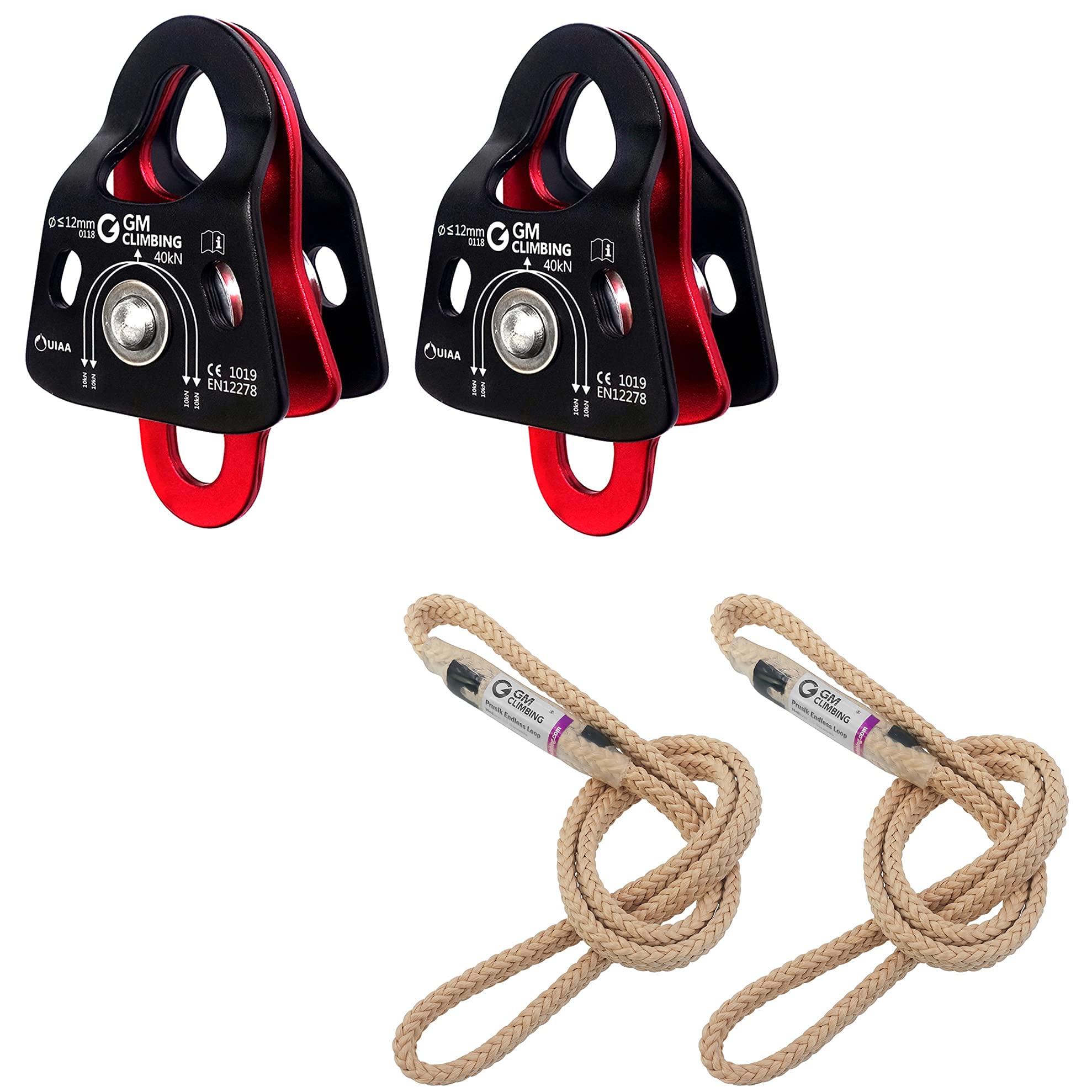 GM CLIMBING 2-Pack 40kN Micro Double Pulley & 2-Pack 6.8mm Technora Endless Prusik Loops (15-inch) - High-Strength Rock Climbing Gear for Mountaineering, Rescue Operations and Caving Adventures