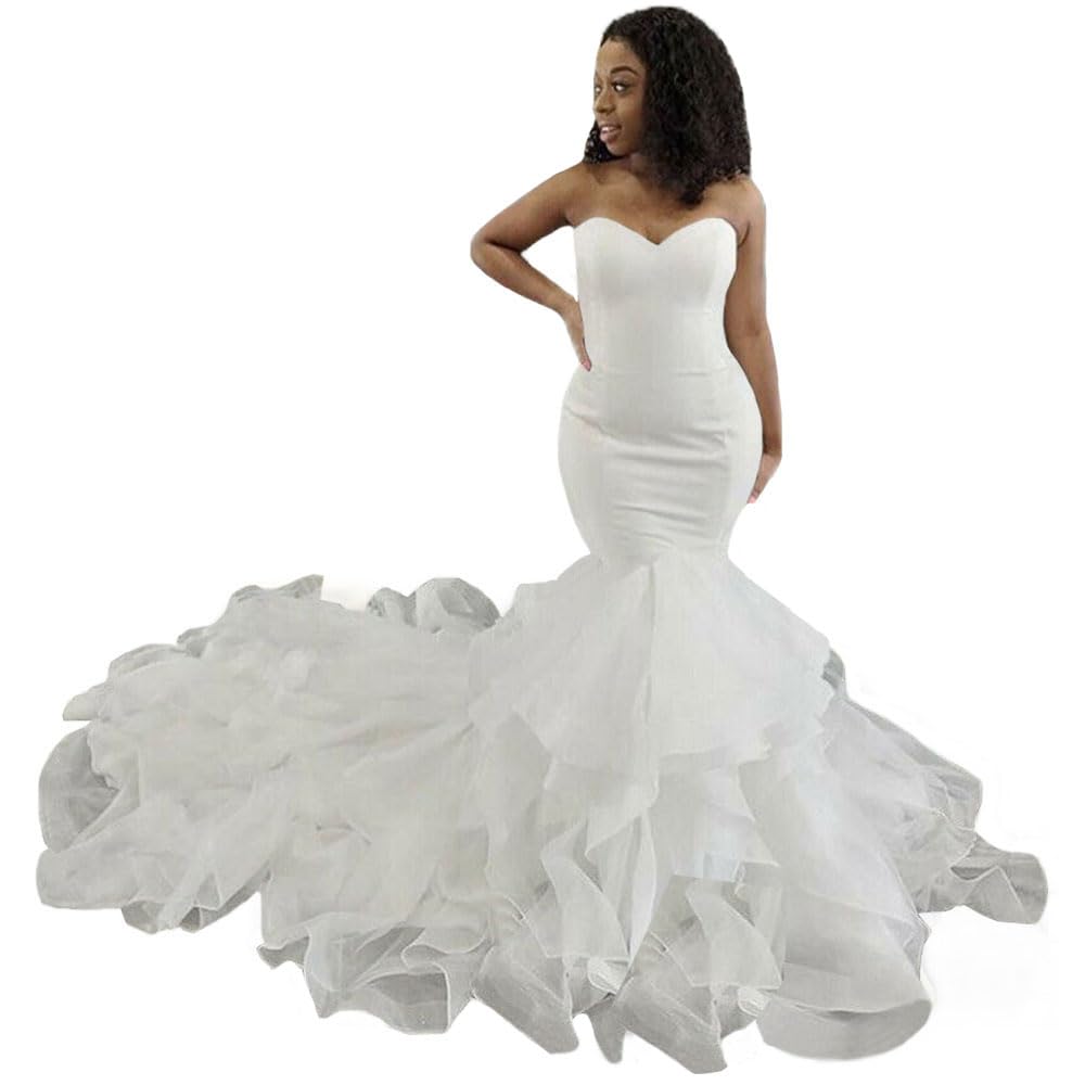 XYAYE Mermaid Wedding Dress for Bride – Strapless Satin Bridal Gown with Cascading Ruffles | Beach Wedding, Vow Renewal, Romantic Photoshoot