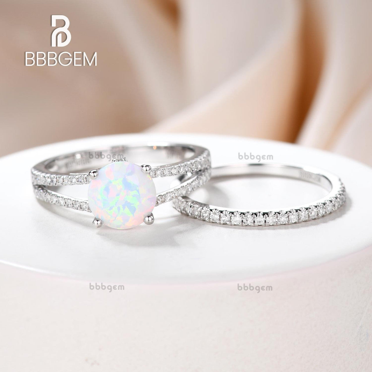 Vintage Opal Engagement Ring Split Shank Set with Pave Diamond Band - Elegant Wedding Jewelry for Brides, Anniversary Gifts & Special Occasions