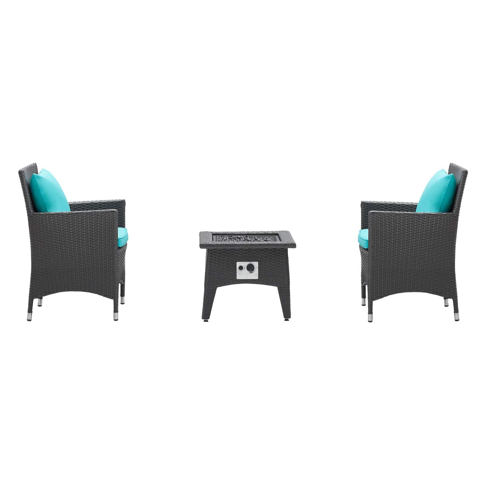 Modern Outdoor Patio Garden Lounge Coffee Fire Pit Table and Chair Set - Weather-Resistant Fabric Rattan Wicker Furniture in Blue - Perfect for Backyard, Poolside & Camping Gatherings