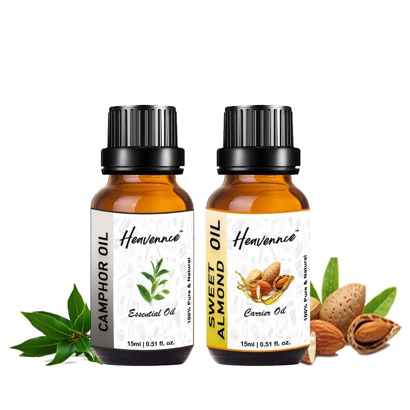 Heavennce Camphor Oil & Sweet Almond Oil Combo (30ml x 2) - Natural Hair & Skin Moisturizer, Pain Relief Massage Oil for Relaxation & Aromatherapy | Perfect for Spa, Yoga & Home Wellness