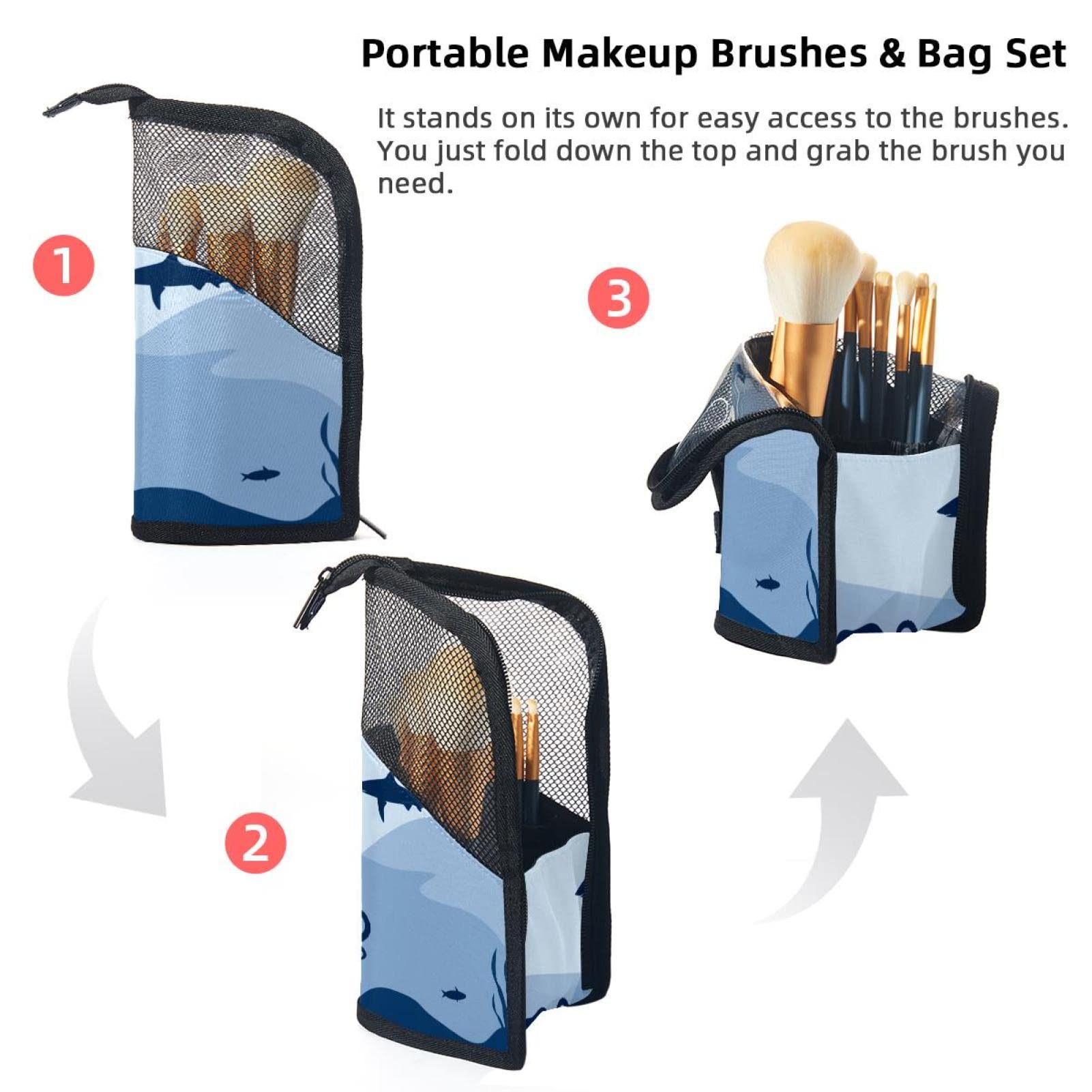 Premium Makeup Brush Organizer Bag with 12 Brushes - Devilfish & Shark Octopus Design - Portable Cosmetic Brush Holder Case for Travel & Home Storage