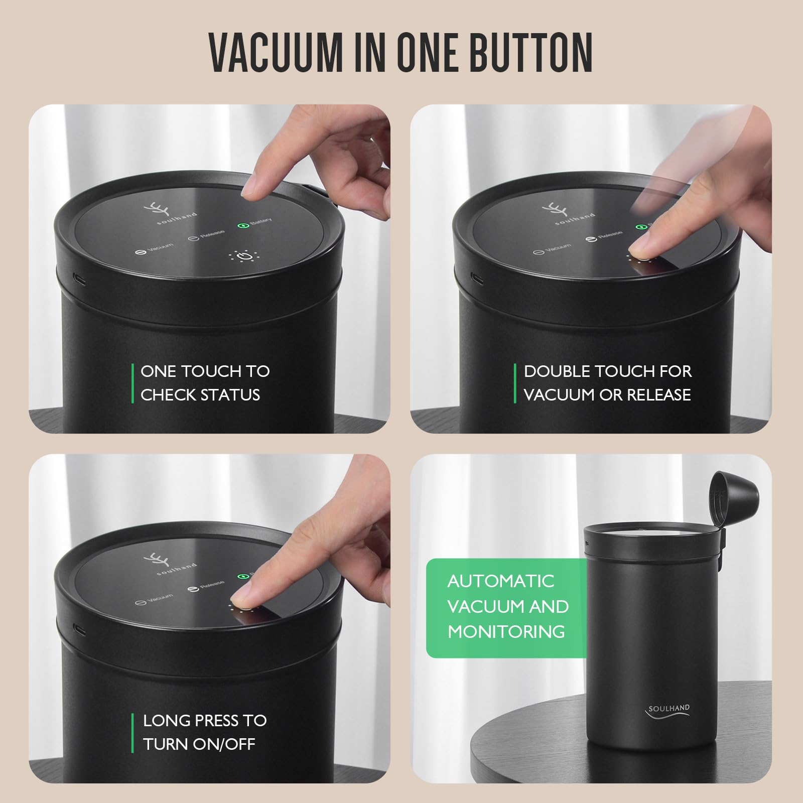 SOUL HAND 1.6L Automatic Vacuum Coffee Canister - Airtight Stainless Steel Coffee Storage Container for Beans & Grounds | Perfect for Kitchen Countertop & Coffee Station Organization