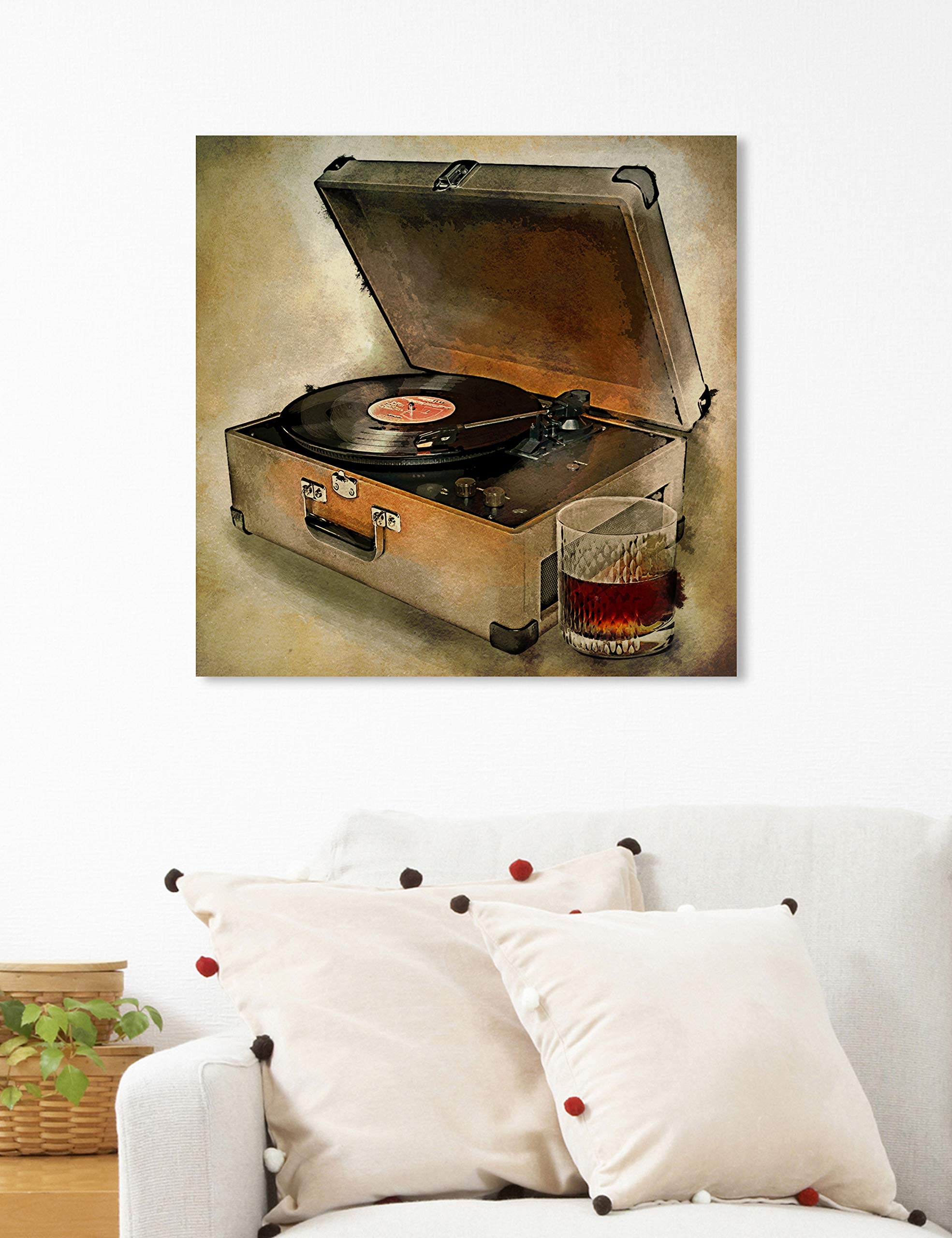 Oliver Gal Artist Co. 'Drink to The Tunes' Music Wall Art Canvas Print - 20x20 Inch Brown & White Home Decor - Perfect for Living Room, Bedroom & Bar Decorations