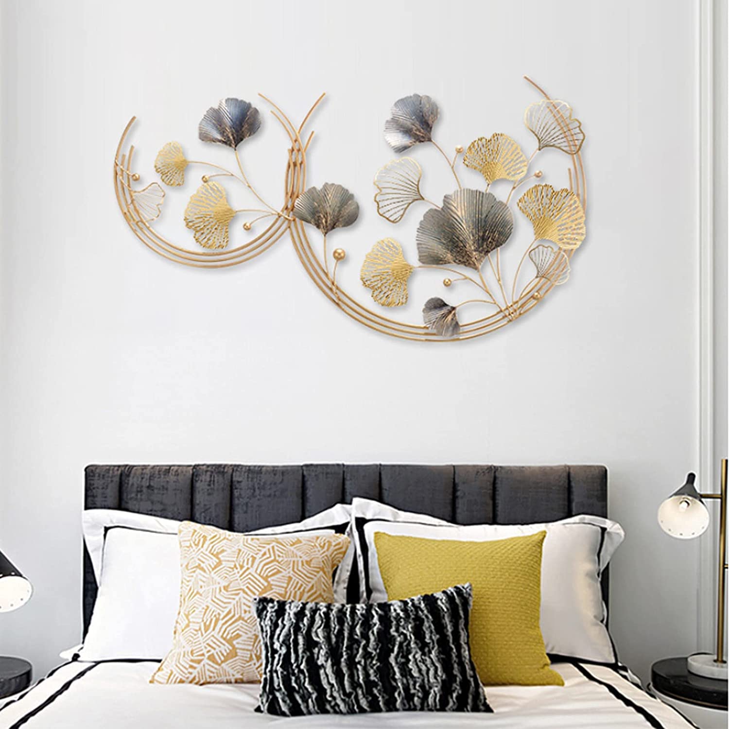 MLSJM Golden Ginkgo Leaf Metal Wall Art - Handcrafted Iron Sculpture Decor for Living Room, Bedroom, Study & Hotel - Elegant Indoor/Outdoor Wall Decor for Home & Office Spaces