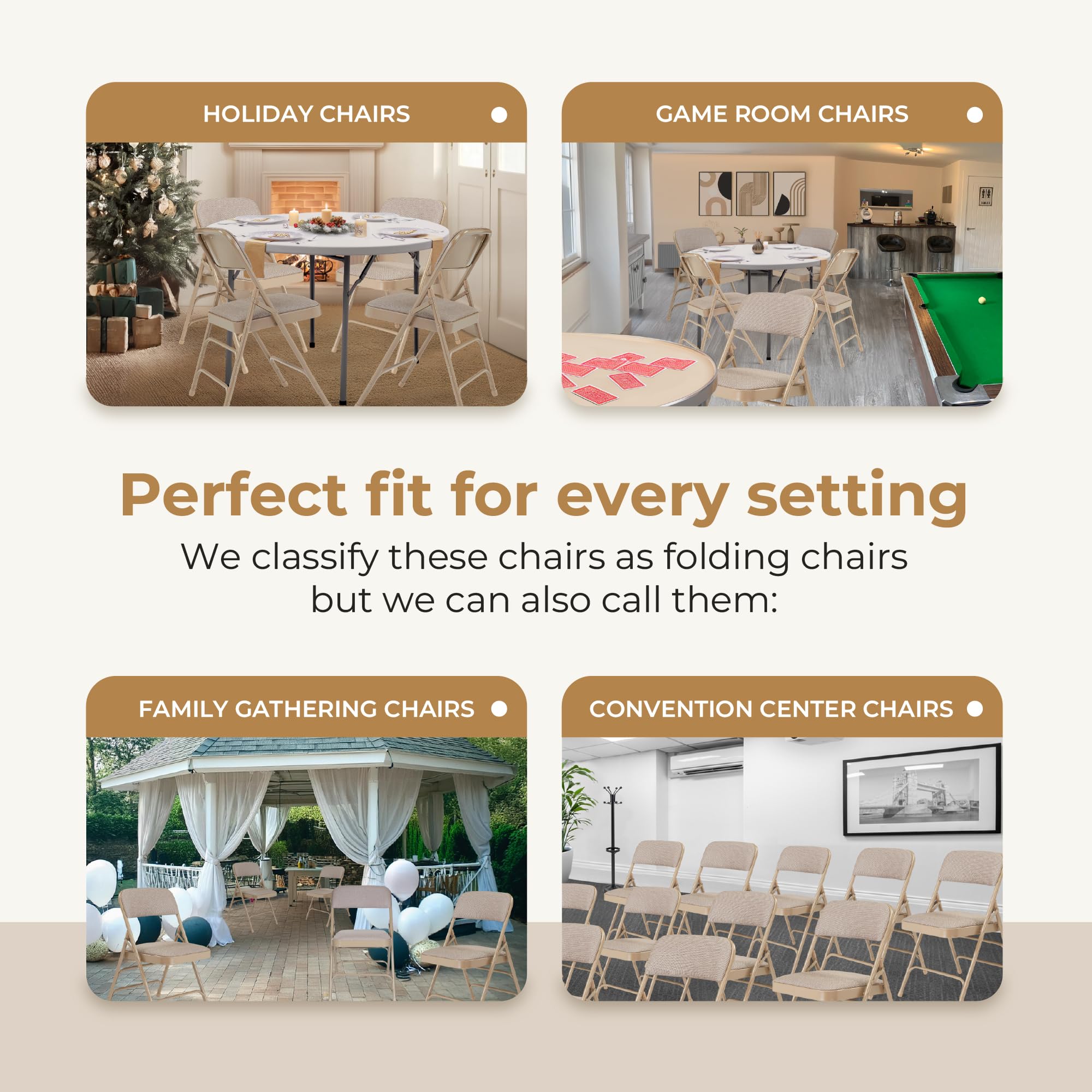 Premium Fabric Upholstered Steel Folding Chairs 4-Pack - Comfortable Beige Stackable Chairs for Weddings, Parties, Events & Home Dining