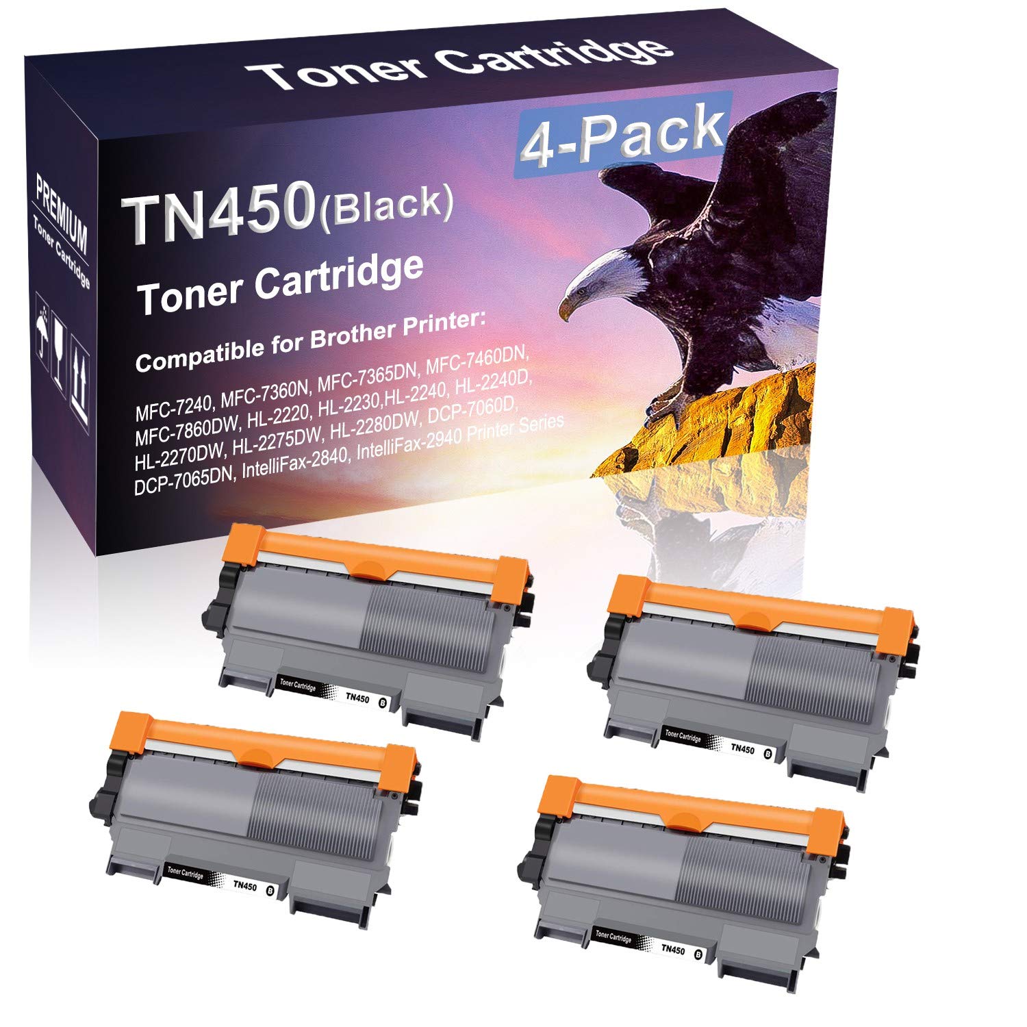 4 Pack Black Brother TN450 TN420 Toner Cartridge Replacement - Compatible with MFC-7365DN & MFC-7460DN Laser Printers - High Yield Printing for Office & Home Use