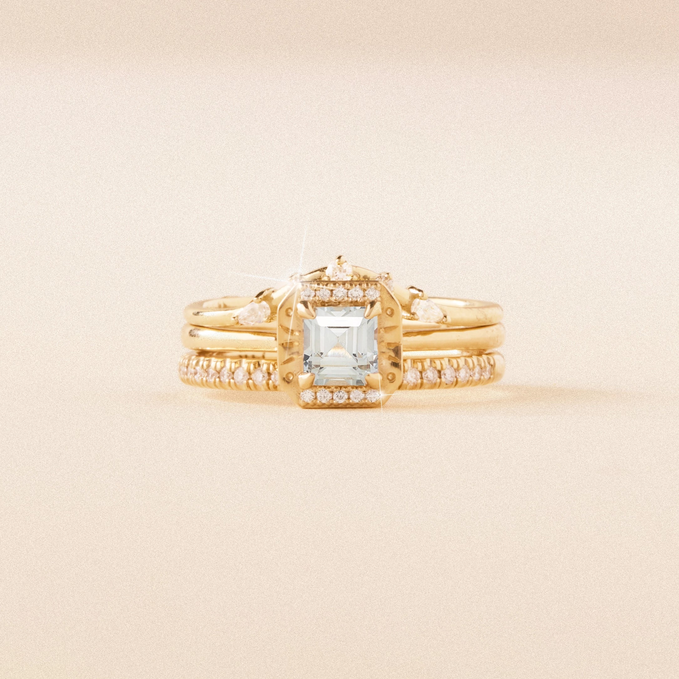Unique Cosmic Waltz 14K Yellow Gold Cushion Cut Sapphire Ring – Elegant Handmade Jewelry for Weddings, Anniversaries & Special Occasions