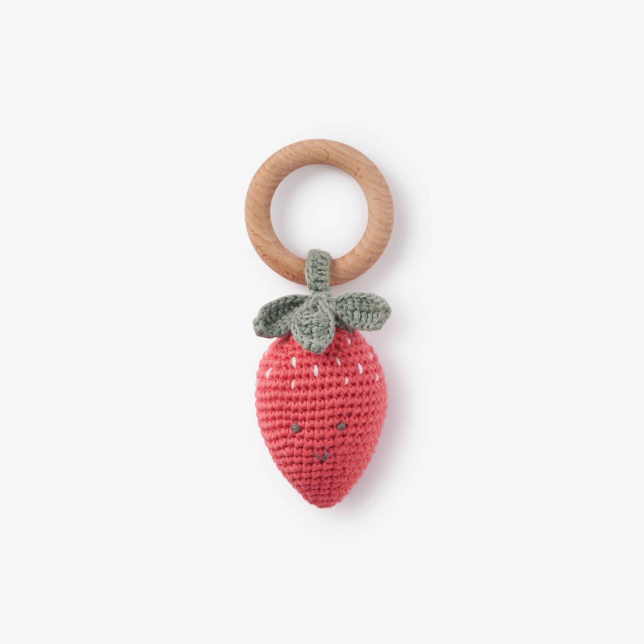 Scarlett the Strawberry Handmade Crocheted Wooden Baby Ring Rattle Toy - Perfect for Newborns, Infants & Toddlers - Cute Sensory Toy for Playtime, Teething & Early Learning