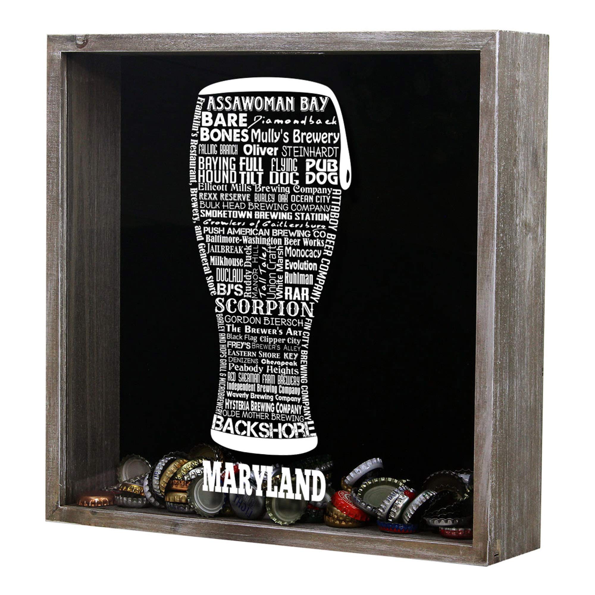 Torched Beer Cap Shadow Box Display - Wall Mounted Hanging Frame for Beer Lovers & Collectors | Unique Maryland-Themed Gift for Men | Perfect for Home Bar, Man Cave & Office Decor