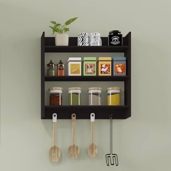 Wooden Kitchen Rack - Wall Mounted Storage Shelf Organizer for Spices, Utensils & Cookware | Rustic Home Decor for Pantry, Countertop & Small Space Organization
