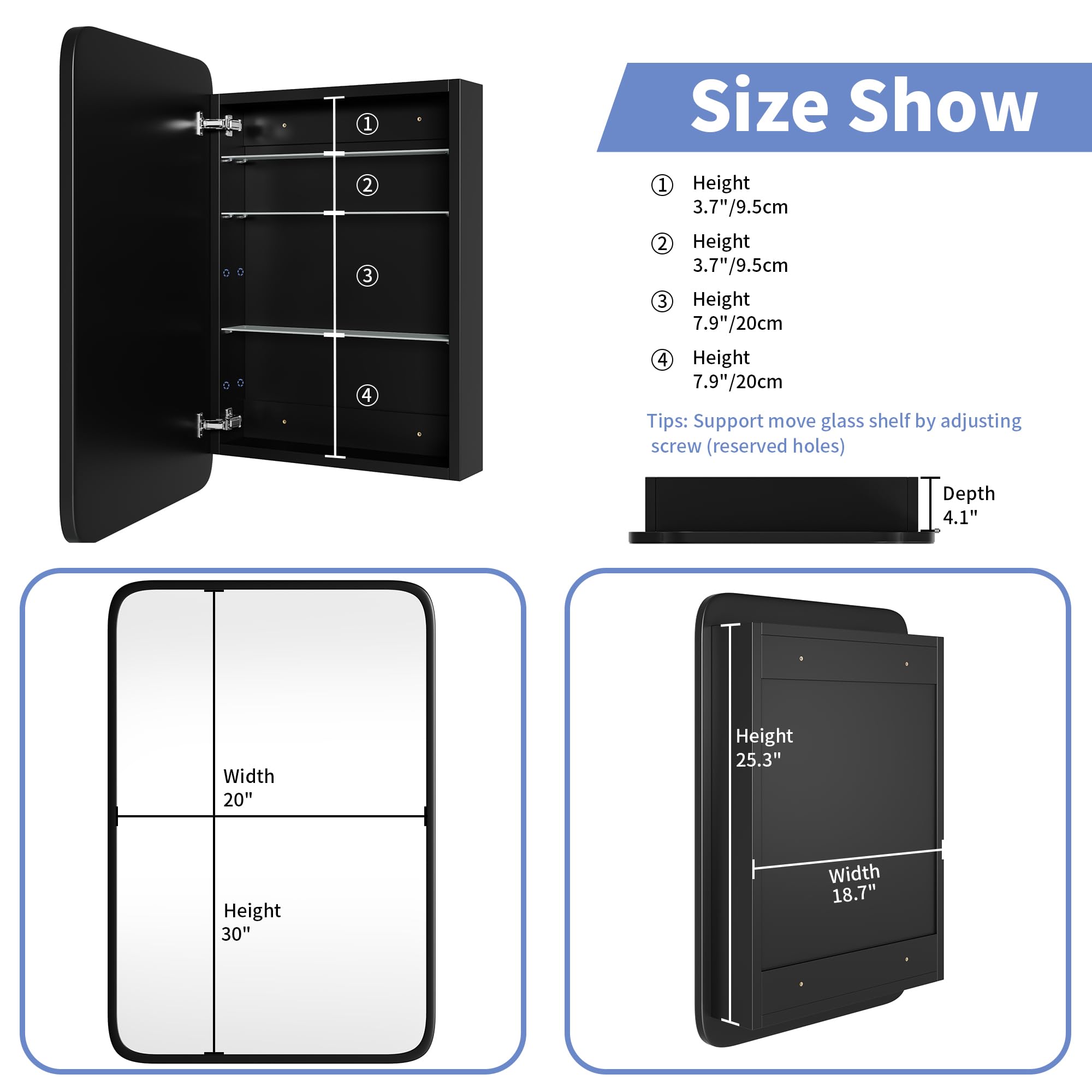 20''x30'' Black Wood Bathroom Storage Cabinet with Metal Frame & Curved Mirror - Recessed Medicine Cabinet for Vanity, Makeup Organization & Bathroom Decor