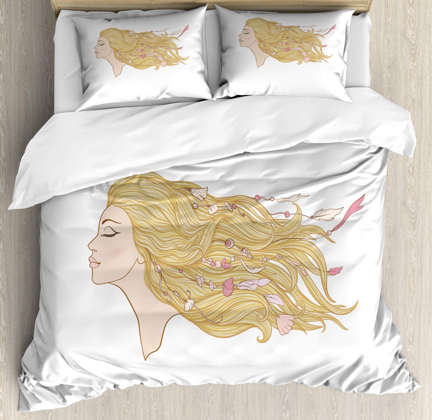 Ambesonne Bohemian Duvet Cover Set - Queen Size 3 Piece Bedding with 2 Pillow Shams | Young Woman with Long Hair & Seashell Beads Design in Pale Peach Brown | Perfect for Spring Decor, Beach House Bedroom, or Boho Chic Home