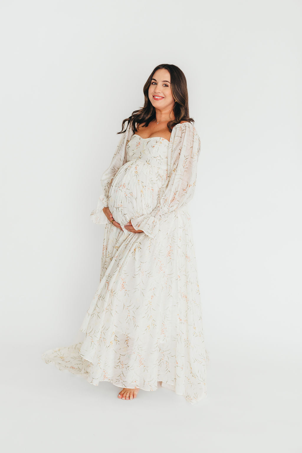 Delilah Floral Maternity Dress with Train - Bump Friendly Cream Wedding Gown for Pregnancy Photoshoot & Special Occasions *PRE ORDER*