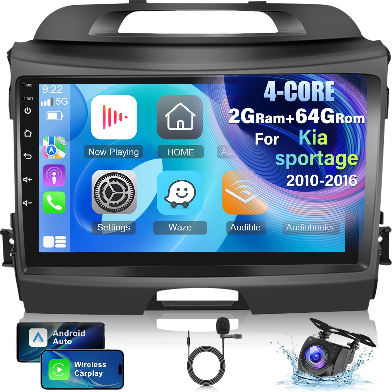 9 Inch Touchscreen Car Radio for KIA Sportage 2010-2016 | 2+64GB | Wireless CarPlay & Android Auto | WiFi GPS Navigation | FM RDS Radio | Backup Camera & Mic Included | Perfect for Road Trips & Daily Commuting