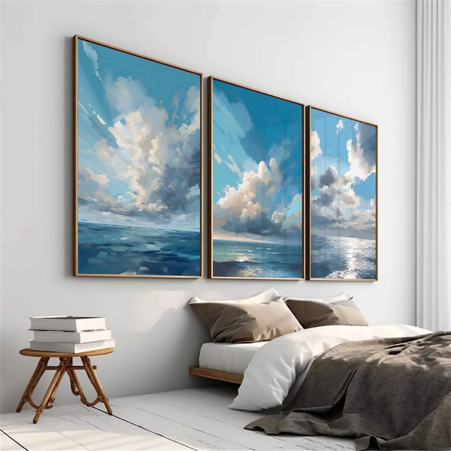 Ocean and Sky Painting Set of 3 - Coastal Wall Art for Living Room, Bedroom & Office Decor | Modern Abstract Seascape Canvas Prints (OS 214)