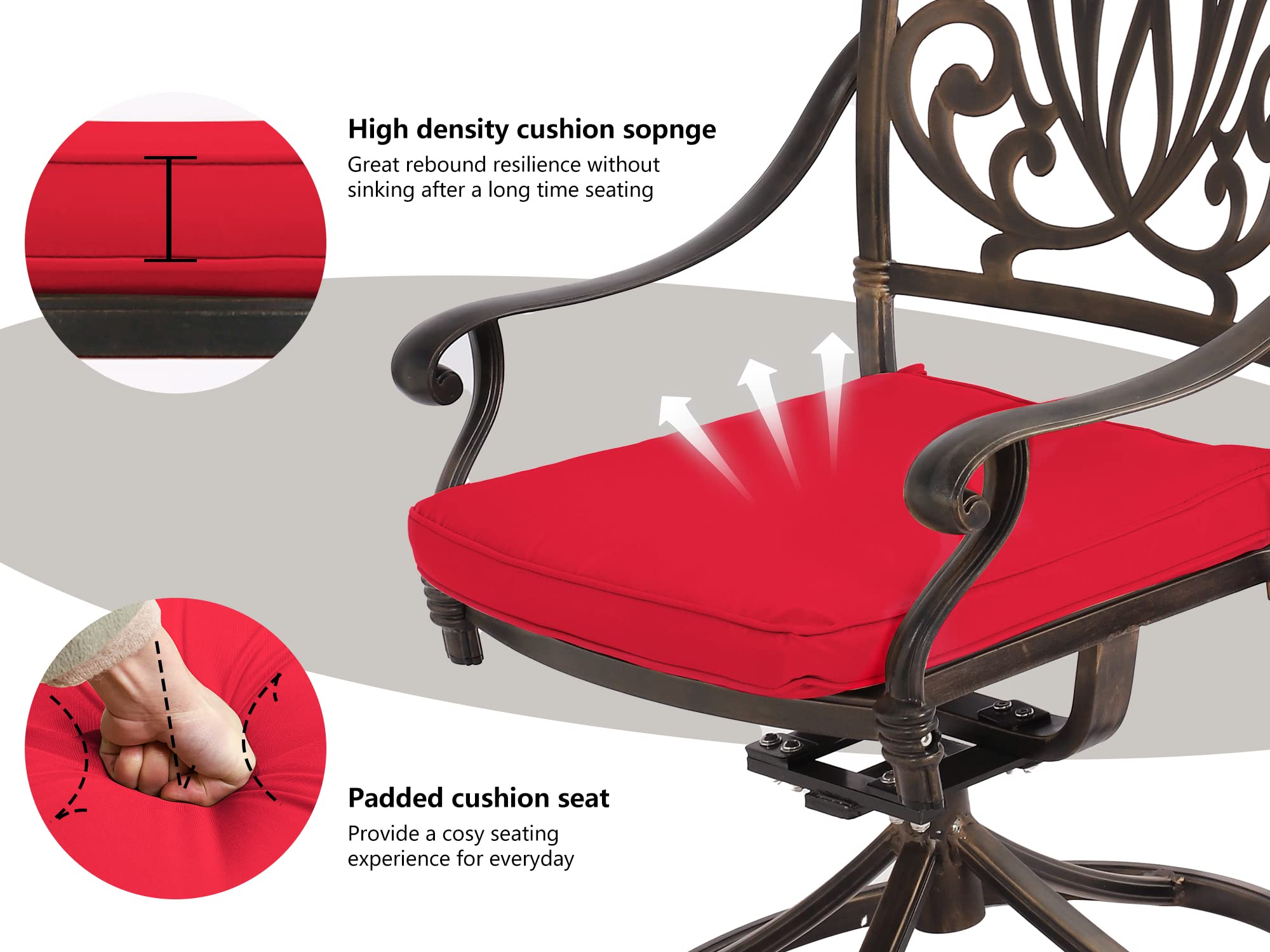 **Grepatio 5-Piece Outdoor Dining Set - Cast Aluminum Patio Table & 4 Swivel Chairs with Cushions, 1 Umbrella - Red Round Garden Furniture for Lawn, Backyard, Deck & Poolside Dining**