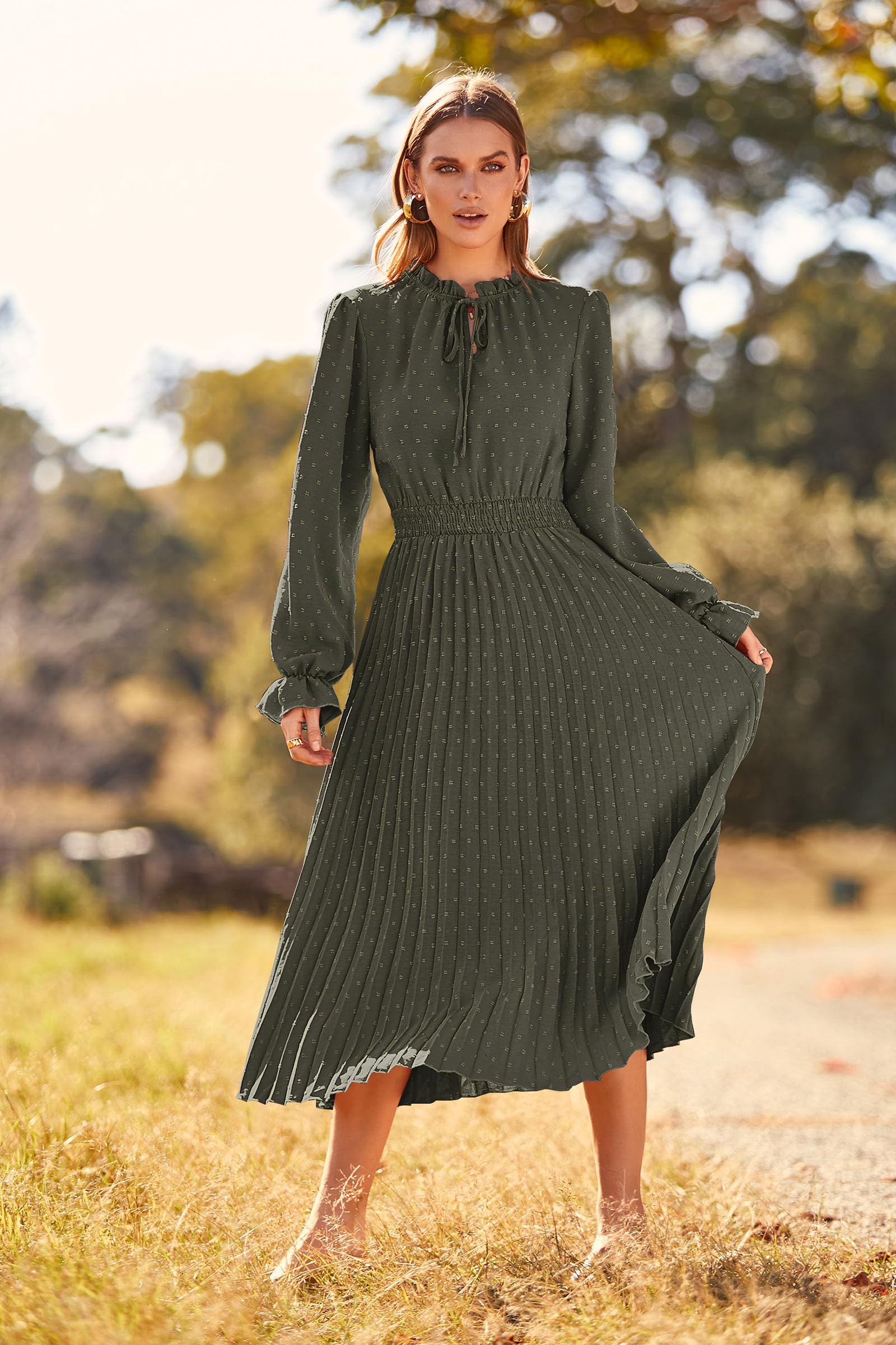 PRETTYGARDEN Women's 2025 Spring Fall Midi Dress - Casual Long Sleeve V-Neck Swiss Dot Pleated A-Line Flowy Dress for Work, Date Night & Special Occasions