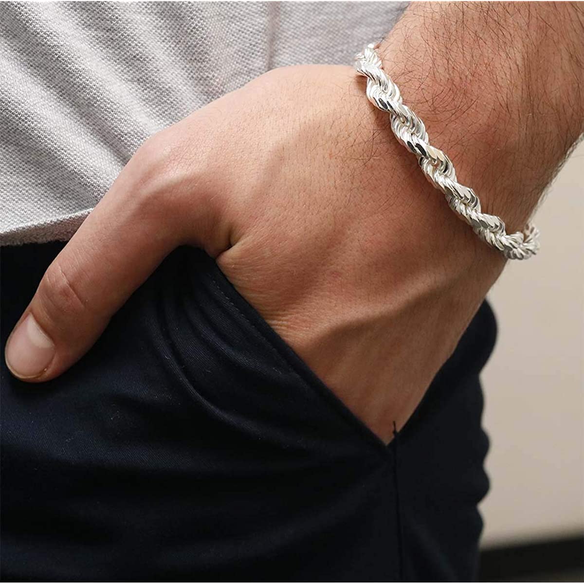 925 Sterling Silver Diamond Cut Rope Chain Necklace for Men - 5MM, 6MM, 7.5MM, 8.5MM Thickness - Italian Made Mens Rope Chain Bracelet & Necklace Set - Perfect for Gifts, Weddings, and Everyday Luxury Wear