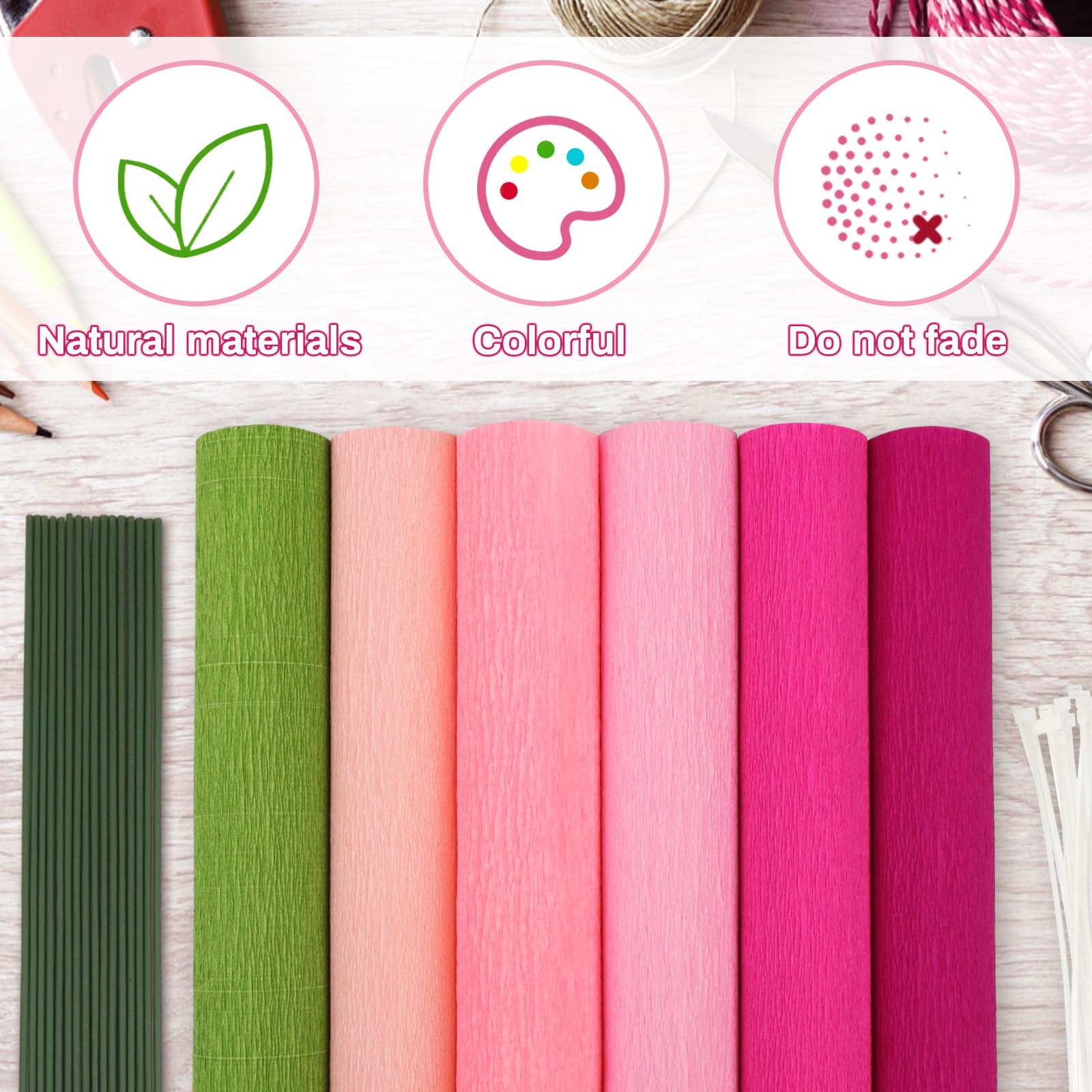 42 Pieces Pink Crepe Paper Flowers for DIY Crafts - Crepe Paper Rolls with Floral Tape & Iron Wire - Perfect for Wedding, Party, Festival Decorations & Handmade Floral Arrangements