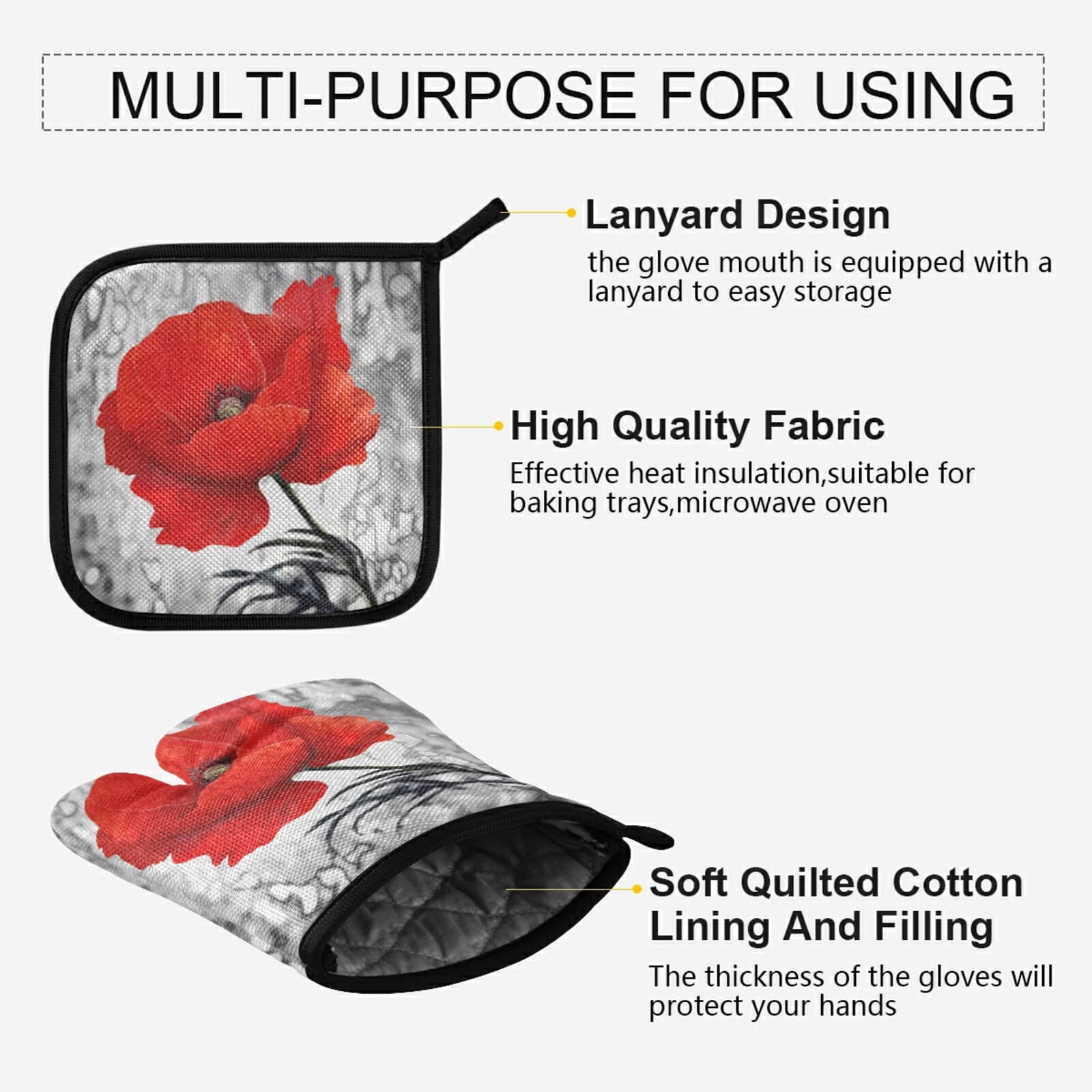 QUGRL Vintage Grey Oil Paintings Red Poppies Oven Mitts & Pot Holders Set - Heat Resistant Kitchen Gloves for Cooking, Baking, BBQ - Perfect for Handling Hot Pans, Bakeware & Cookware