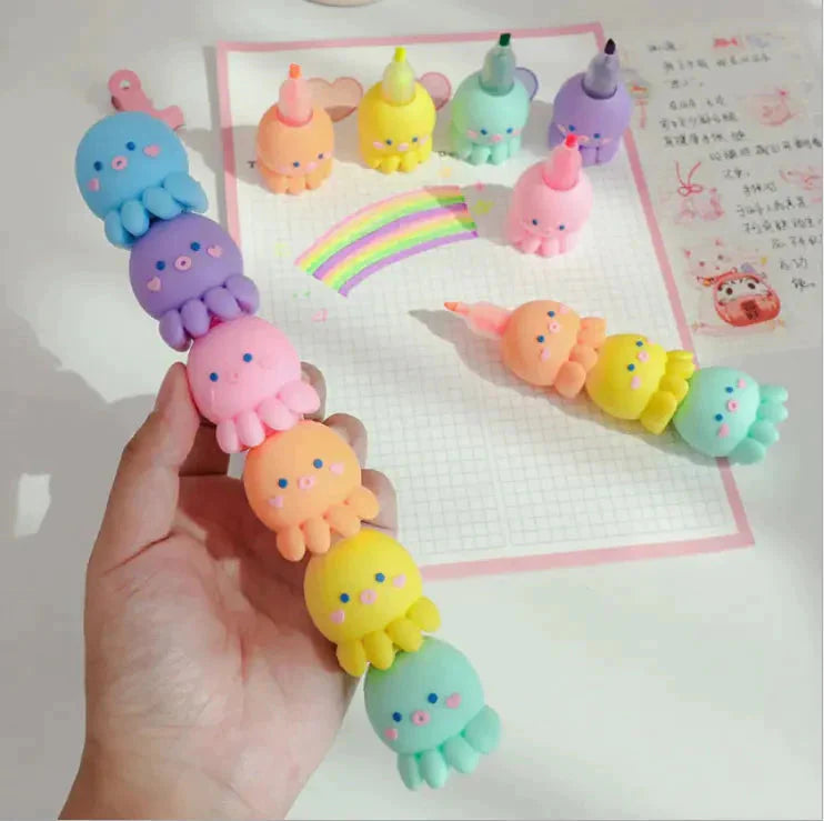 6-Color Cute Octopus Fluorescent Highlighters - Fun & Vibrant Study Supplies for Note Taking, Journaling & School Supplies | Perfect for Students, Office & Creative Projects