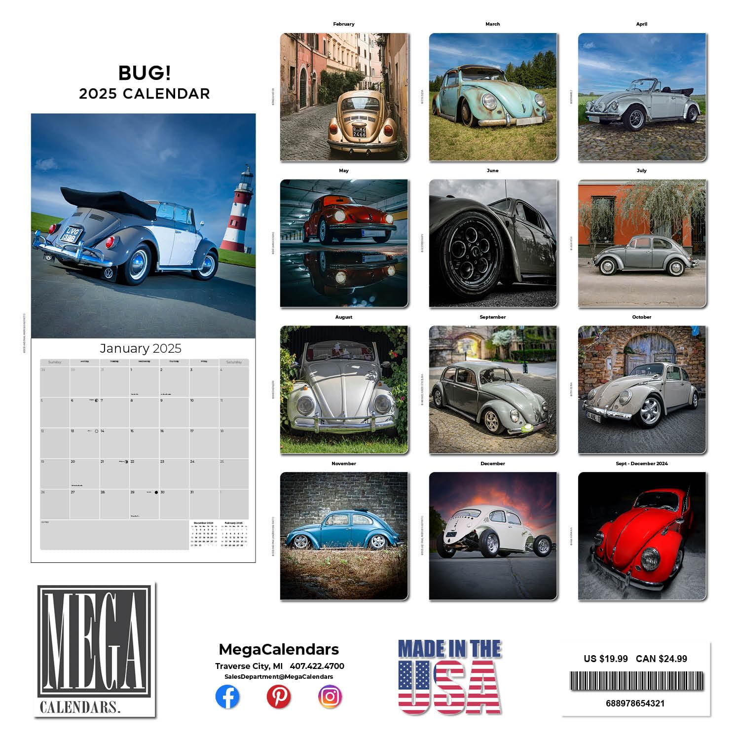 2024-2025 Volkswagen Beetle Classic Car Wall Calendar - 12
