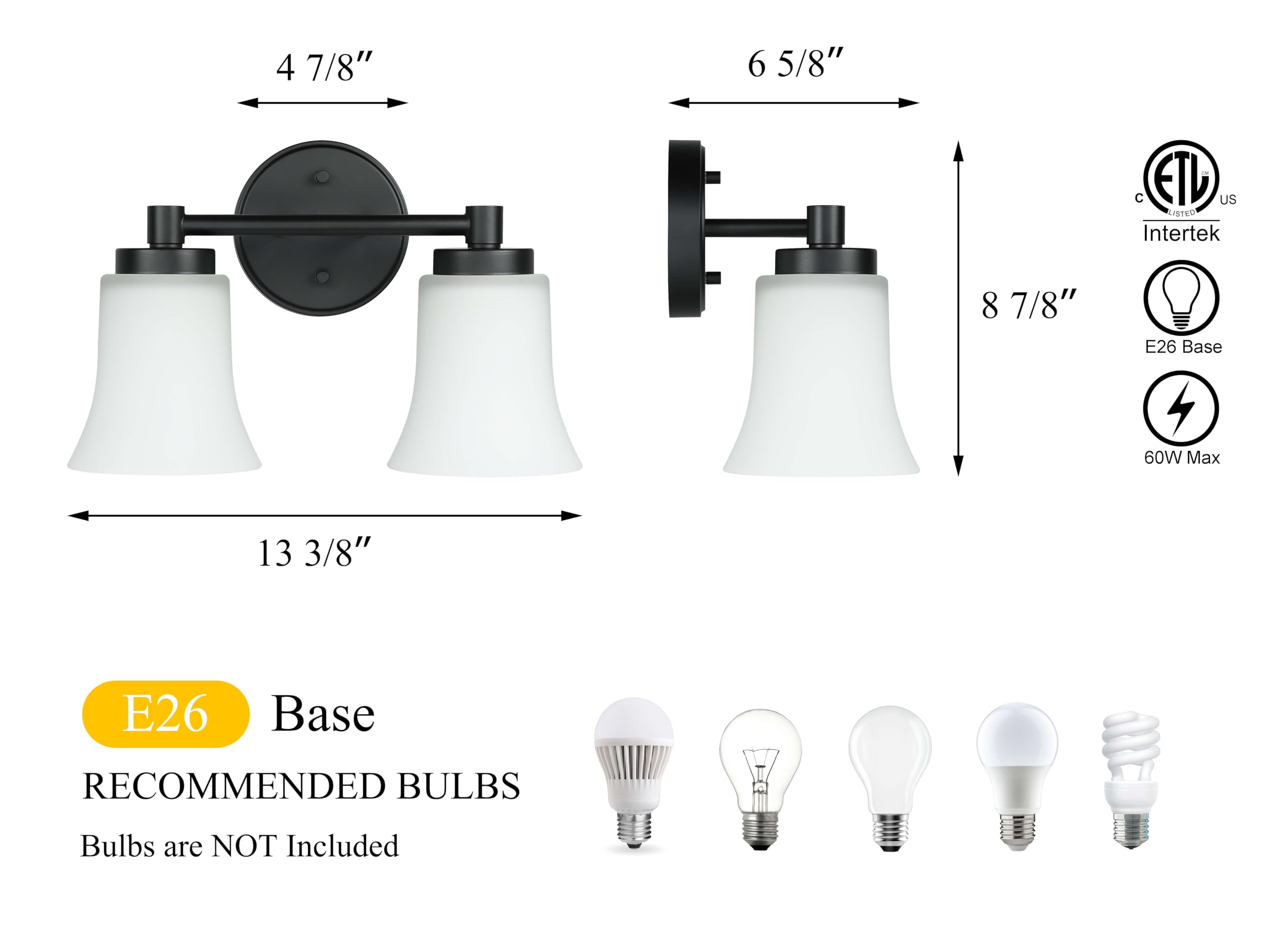 Vintage 2-Light Bathroom Vanity Sconce with Glass Shade - Black Wall Mounted Lighting Fixture for Bathroom, Powder Room & Dressing Area | Model XB-W1235-2-MB