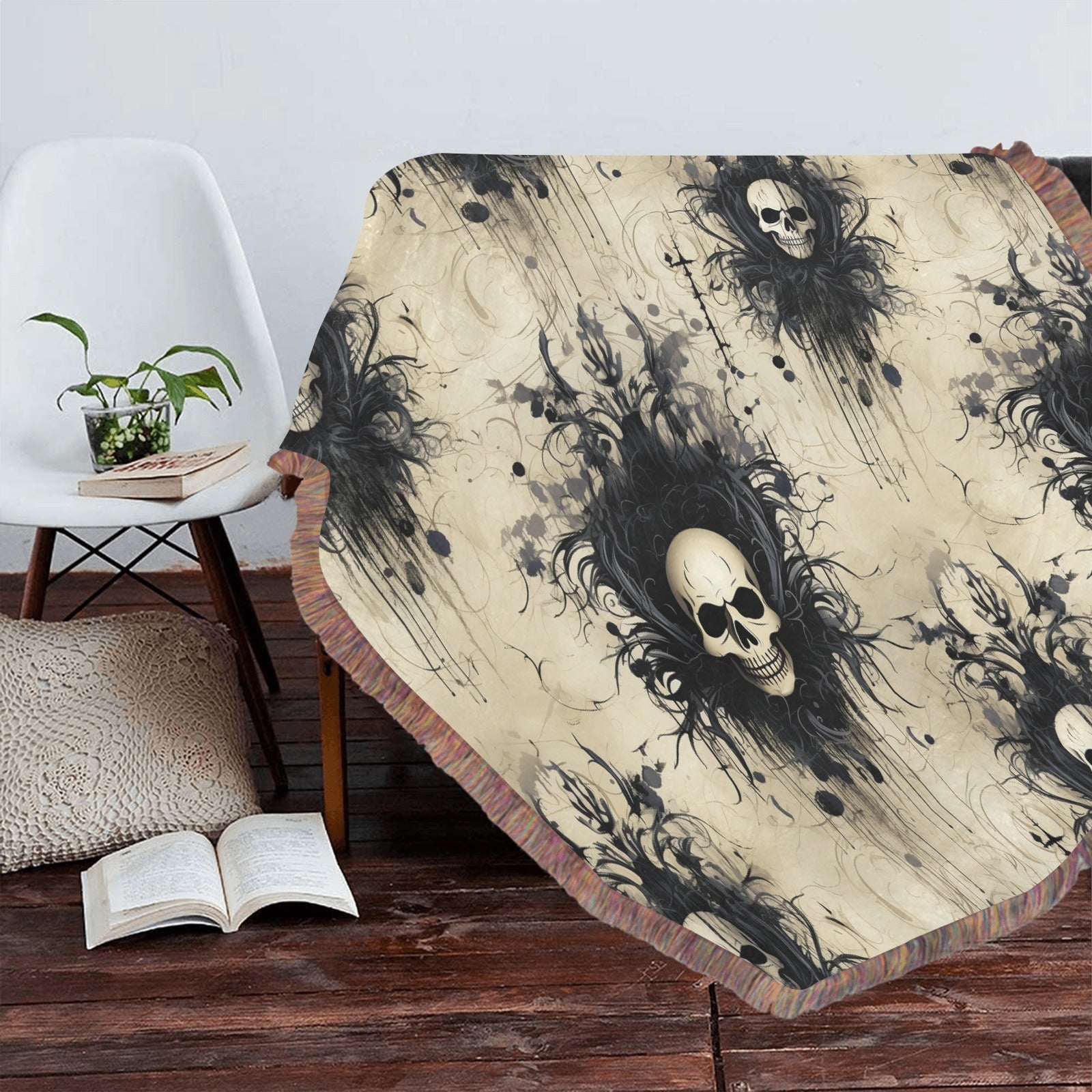 Gothic Skulls Ultra Soft Mixed Fringe Blanket - 60x80 Inch Cozy Throw Blanket for Bed, Couch & Halloween Decor