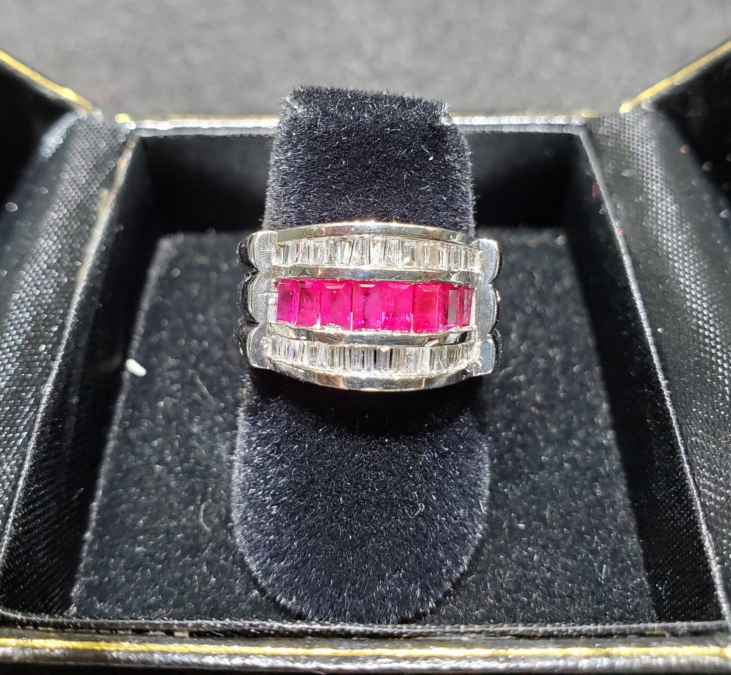 2.00cttw Ruby & Diamond Baguette Cocktail Ring in 14k White Gold - Elegant Jewelry for Evening Parties, Weddings & Special Occasions