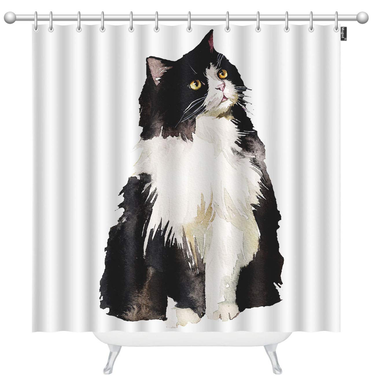 Tuxedo Black & White Fat Fluffy Cat Watercolor Shower Curtain - Waterproof Fabric Bathroom Decor with 12 Hooks (72x84 Inches) for Pet Lovers & Modern Bathrooms
