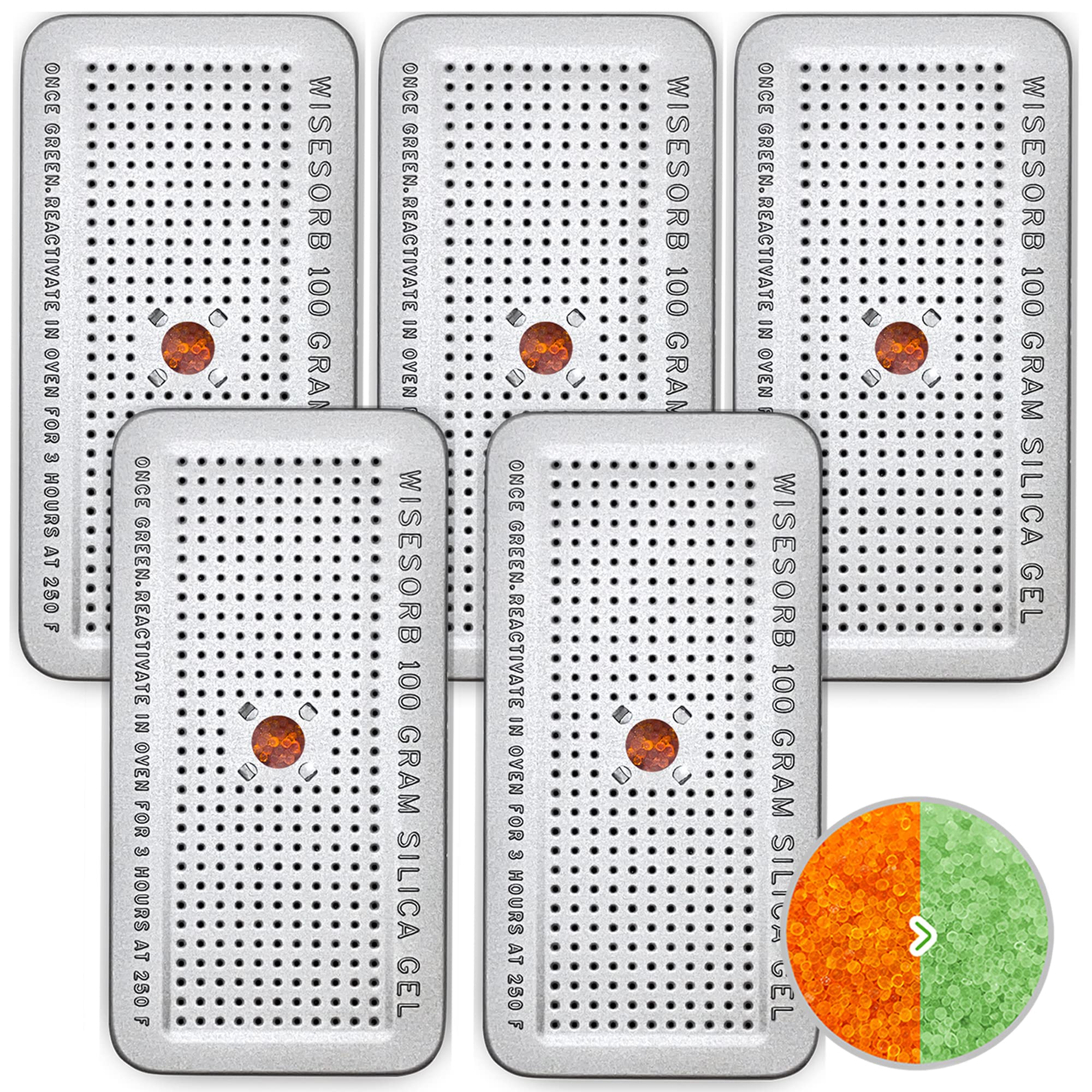 5 Pack 100 Gram Indicating Silica Gel Canister - Orange to Green Reusable Desiccant Dehumidifier for Gun Safe, Storage & Moisture Control | Gun Safe Dehumidifier, Closet & Cabinet Moisture Absorber